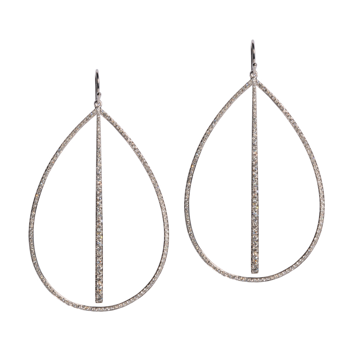 White Gold Large Diamond Teardrop & Diamond Stick Earrings: A pair of 14K gold diamond earrings that are a combination of two earrings, one in a teardrop design and another with a stick design, displayed against a white background.