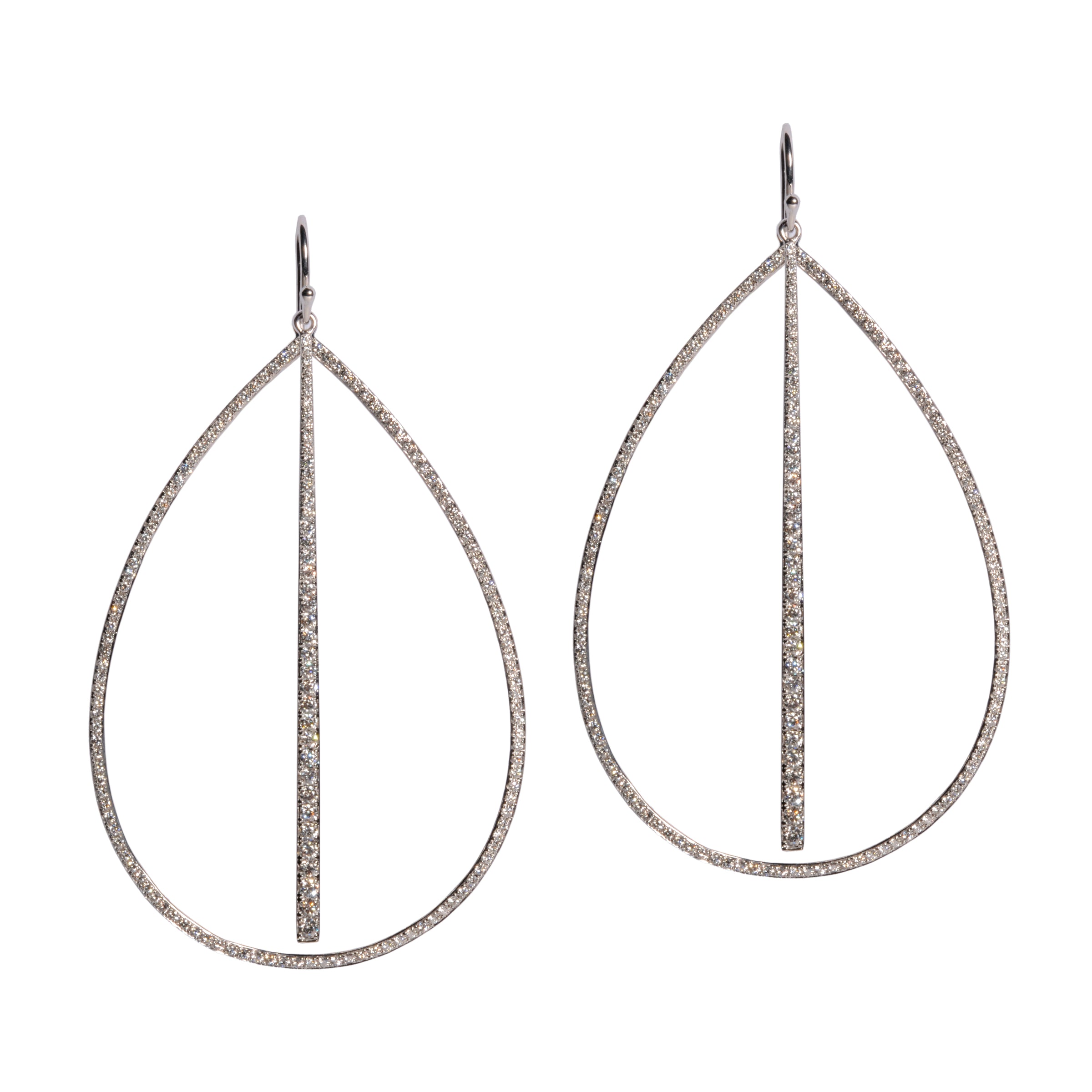 White Gold Large Diamond Teardrop & Diamond Stick Earrings: A pair of 14K gold diamond earrings that are a combination of two earrings, one in a teardrop design and another with a stick design, displayed against a white background.