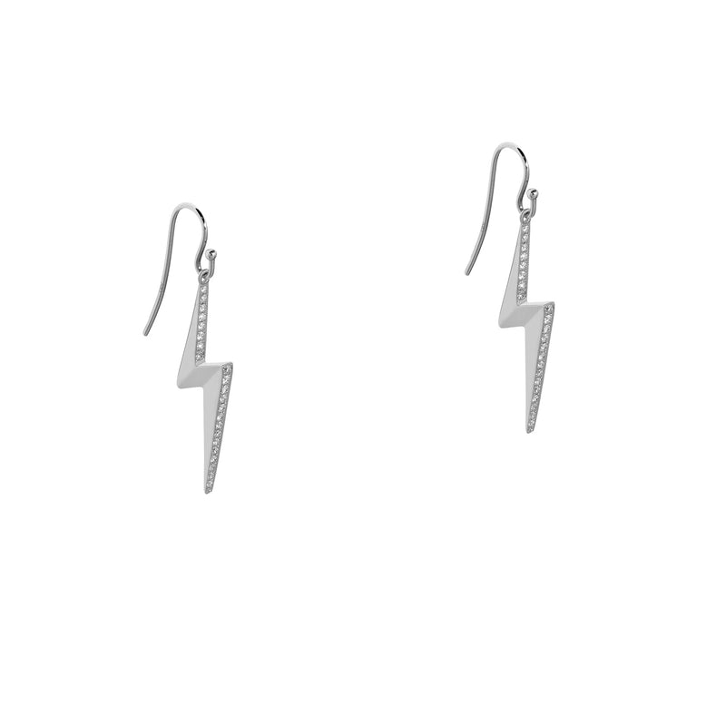 White Gold Lighting Diamond Earring: A pair of 14K gold earrings featuring a lightning bolt design with diamond accents, with a French wire back.