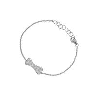 White Gold Mini Diamond Dog Bone Bracelet: A 14K gold bracelet with a diamond-encrusted dog bone charm and an adjustable chain.