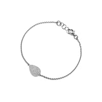 White Gold Mini Pave Diamond Teardrop Bracelet: 14K gold bracelet with a pave diamond teardrop pendant centerpiece