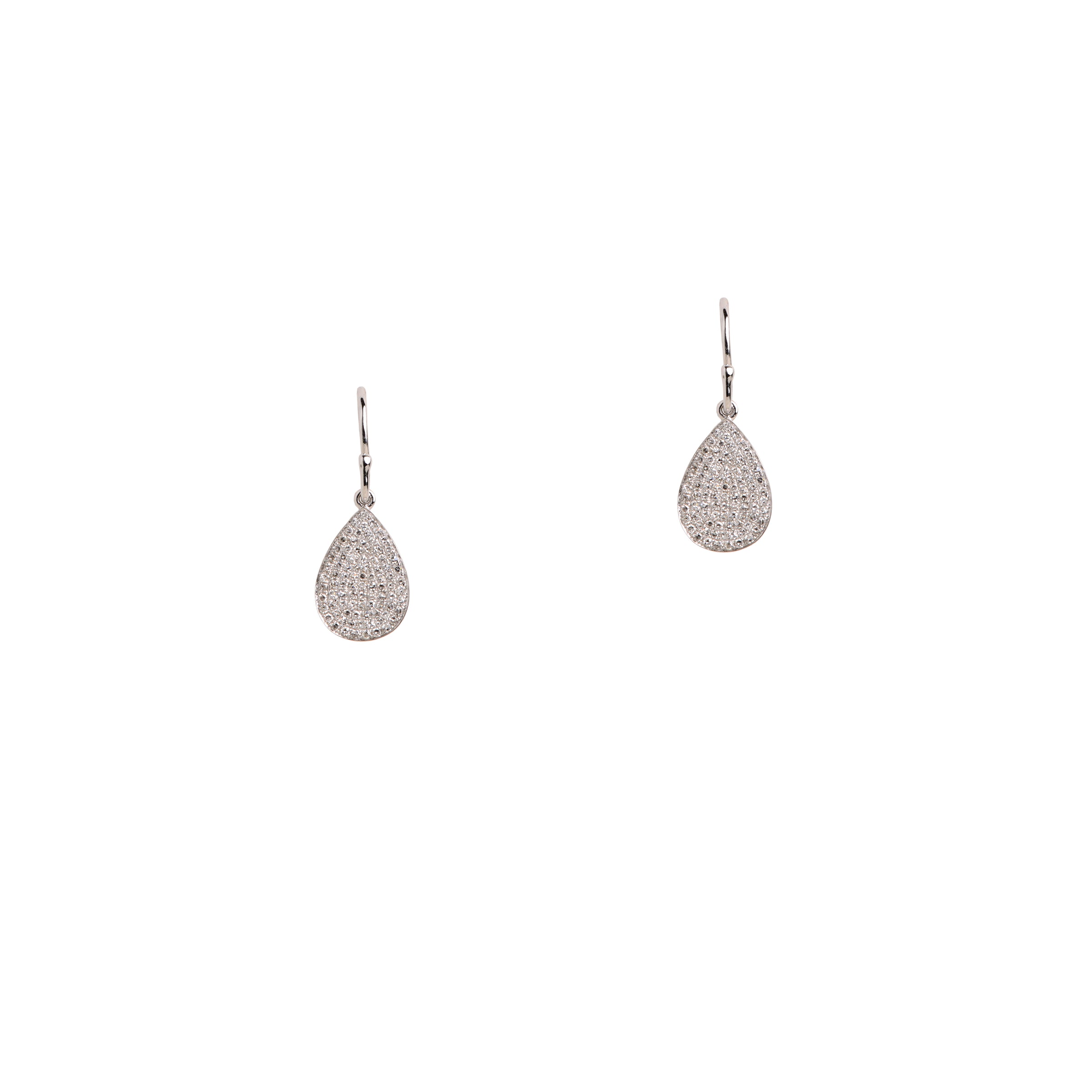 White Gold Mini Pave Diamond Teardrops: A pair of 14K gold pave diamond earrings with a mini teardrop design
