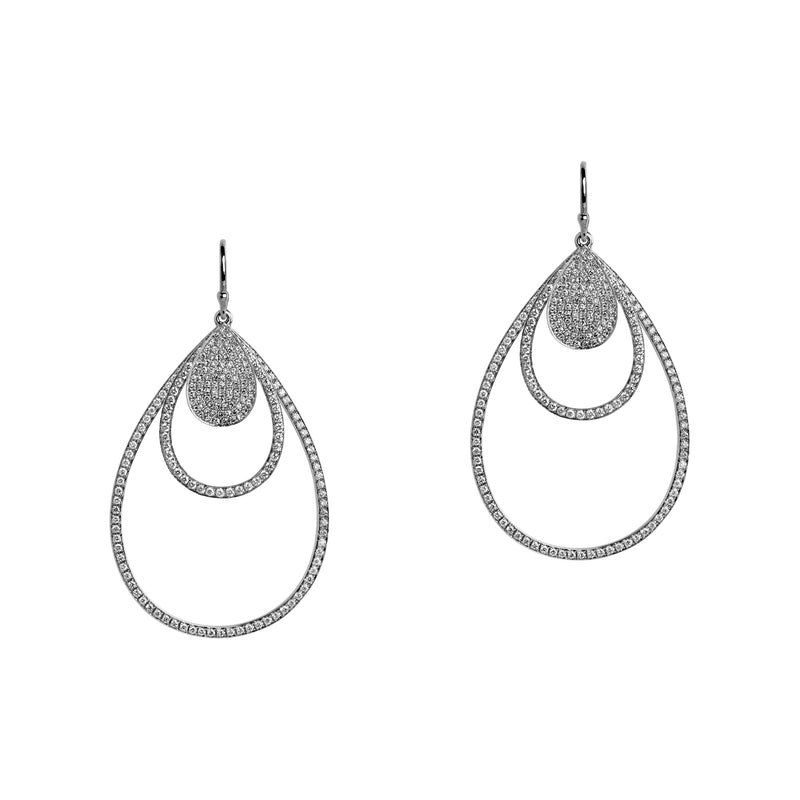 White Gold Mini Pave, Small & Medium Diamond Teardrops: A pair of 14K gold diamond earrings that are a combination of three teardrop design earrings of different sizes, displayed against a white background.