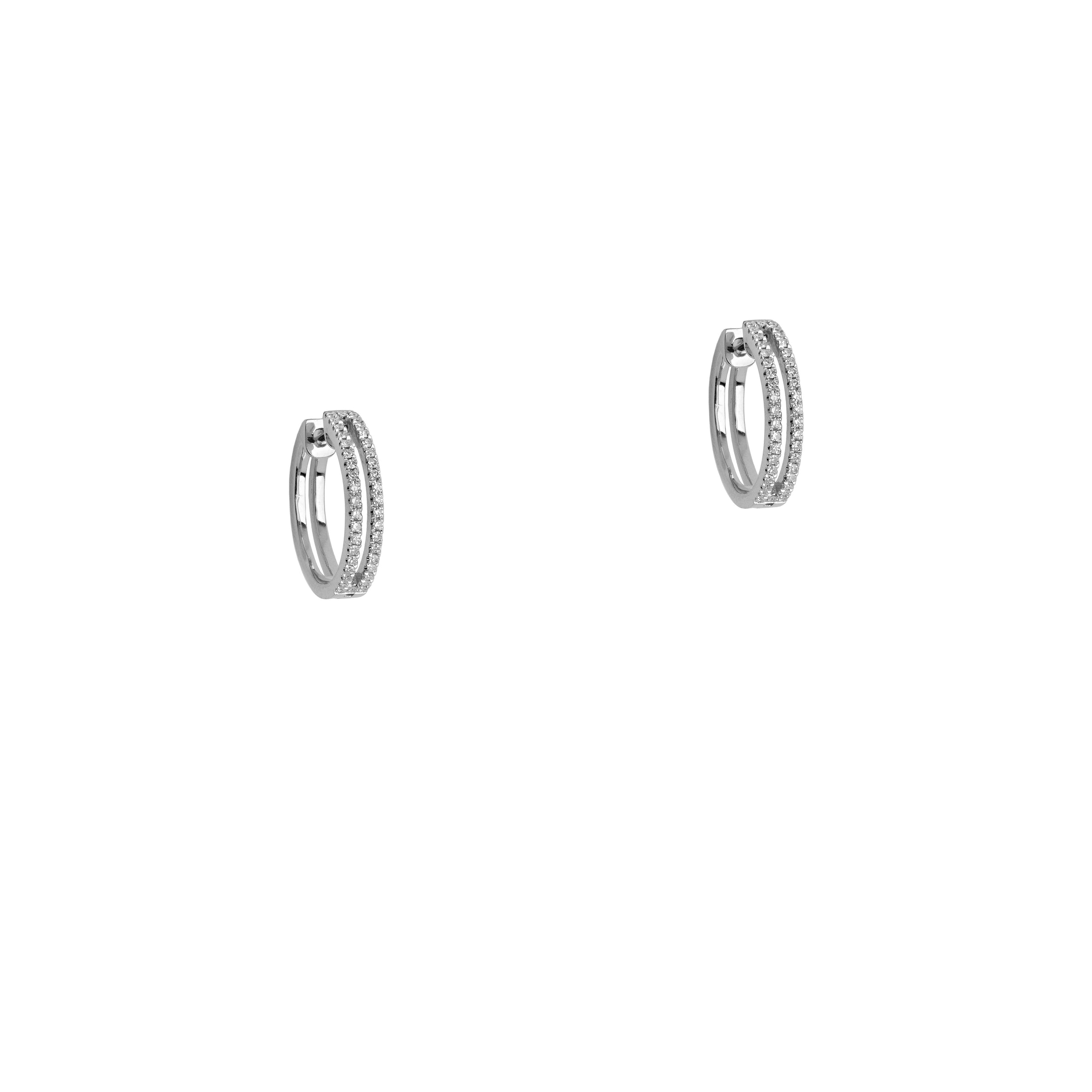 White Gold Open Bar Diamond Huggies: a pair of 14K gold huggie earrings with two rows of diamonds 