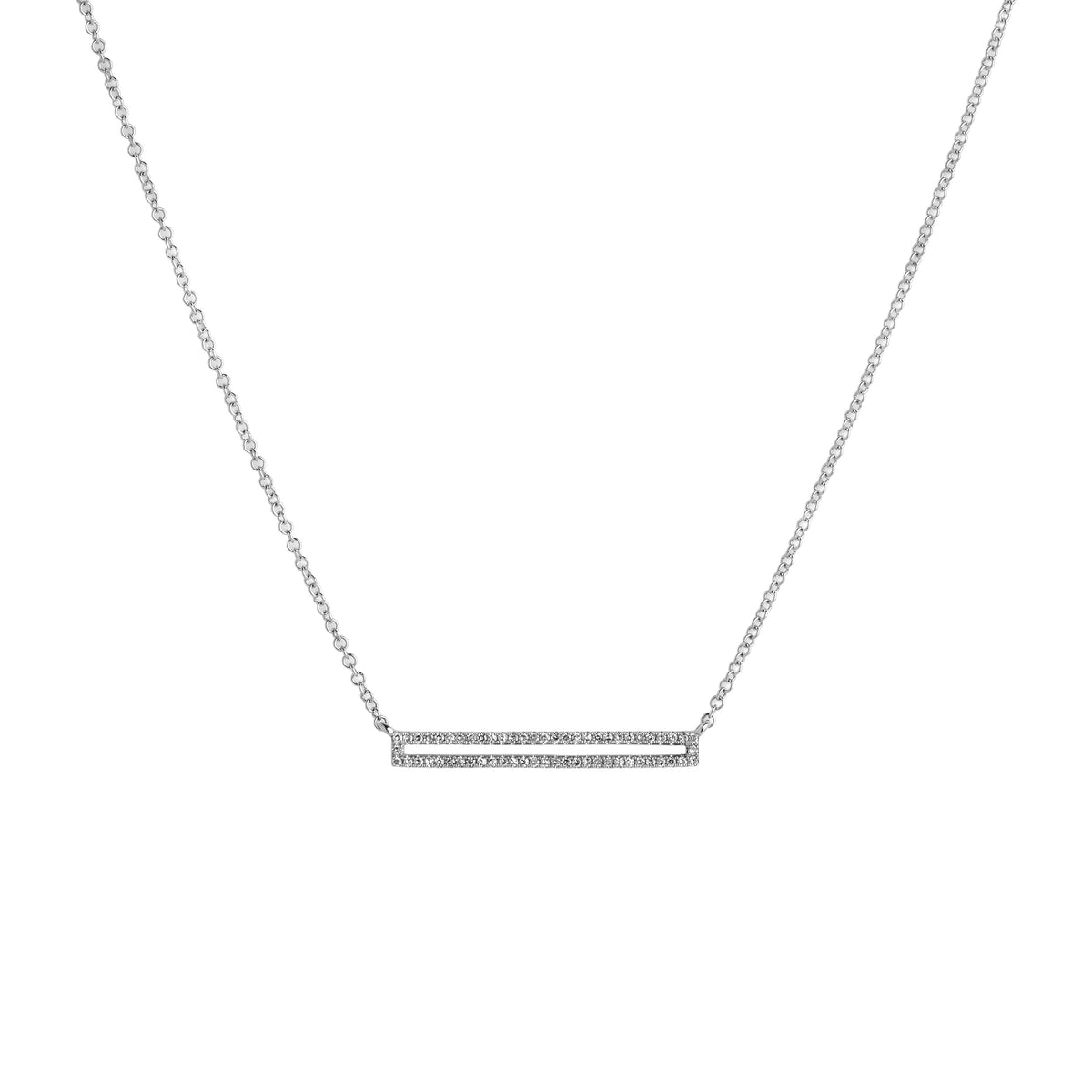 White Gold Open Bar Diamond Necklace: A 14K gold diamond necklace with a lobster clasp fastening, featuring a series of round diamonds along the bar.