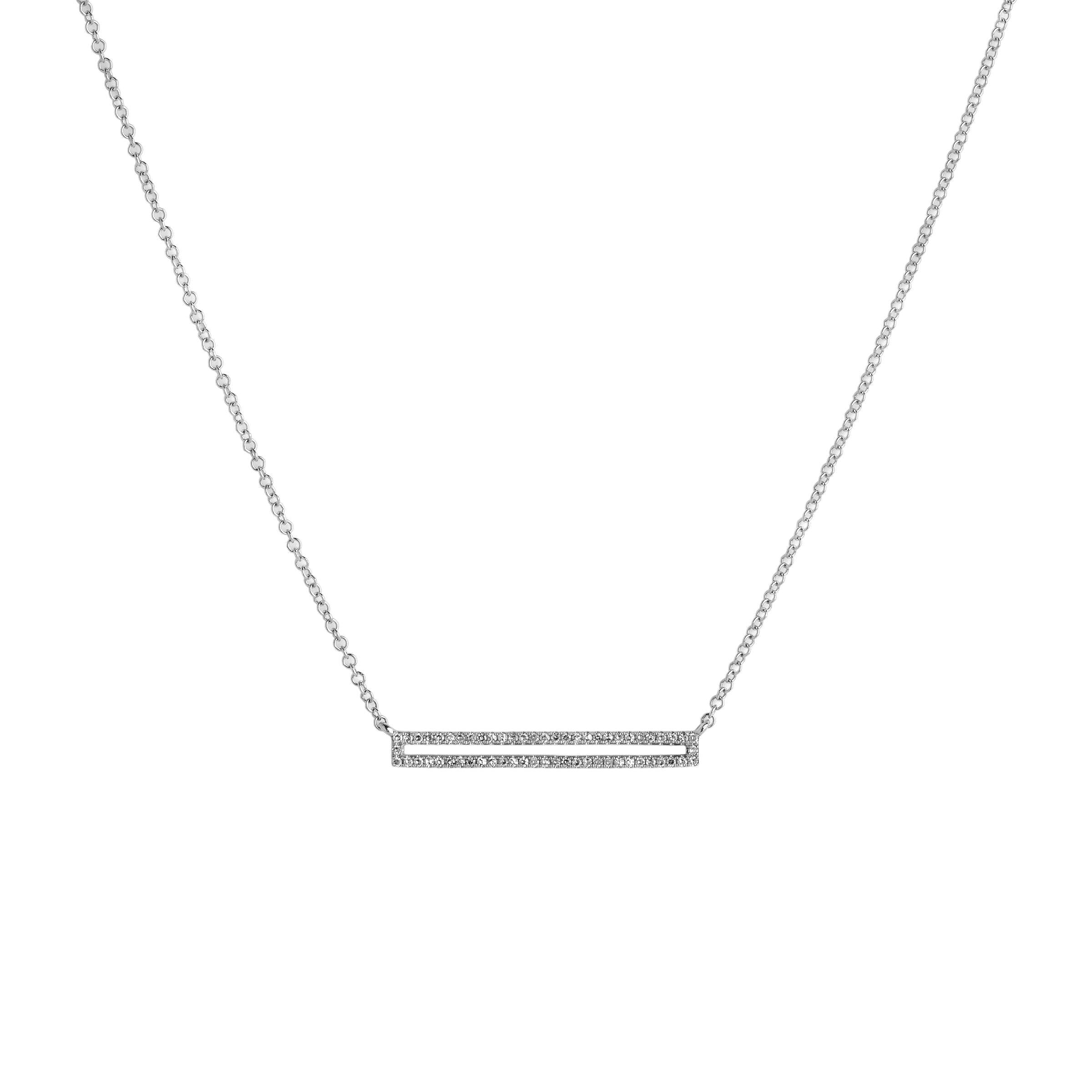 White Gold Open Bar Diamond Necklace: A 14K gold diamond necklace with a lobster clasp fastening, featuring a series of round diamonds along the bar.