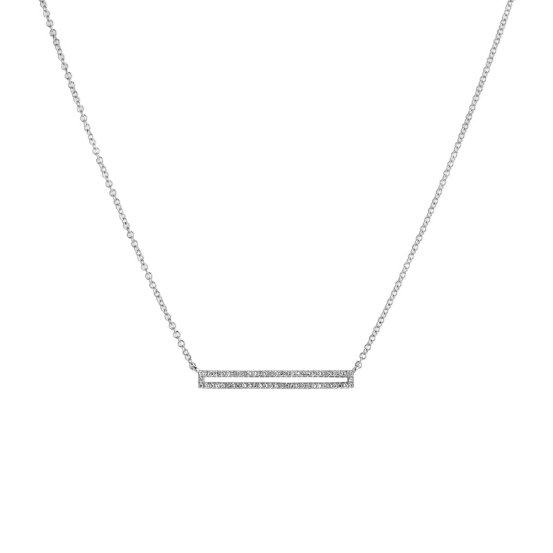 White Gold Open Bar Diamond Necklace: A 14K gold diamond necklace with a lobster clasp fastening, featuring a series of round diamonds along the bar.