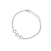 White Gold Open Shield Bracelet: A 14K gold bracelet with three diamond-embedded hollow diamond shapes, adjustable length with a lobster clasp, on a white background.