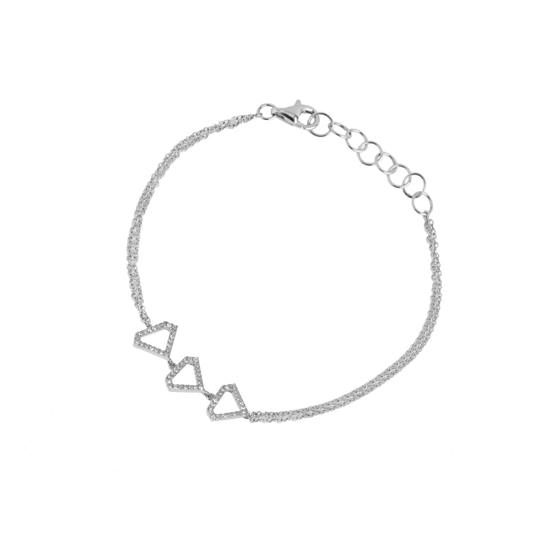 White Gold Open Shield Bracelet: A 14K gold bracelet with three diamond-embedded hollow diamond shapes, adjustable length with a lobster clasp, on a white background.