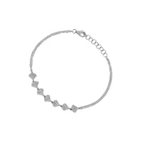 White Gold Shield Bracelet: A 14K gold bracelet with seven diamond-embedded diamond shapes, adjustable length with a lobster clasp, on a white background.