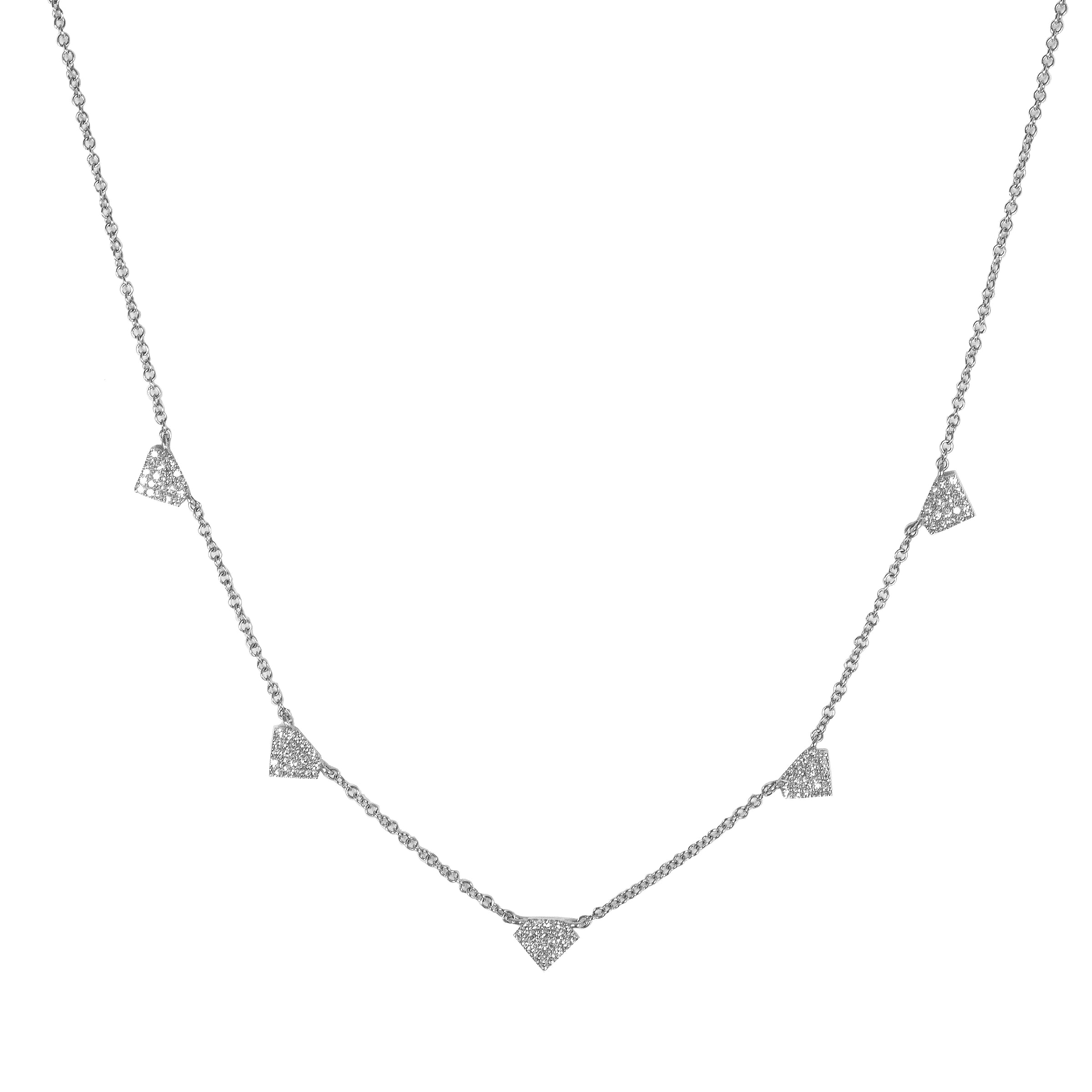 White Gold Shield Necklace: 14K white gold diamond-weight necklace with a lobster clasp fastening and adjustable length.