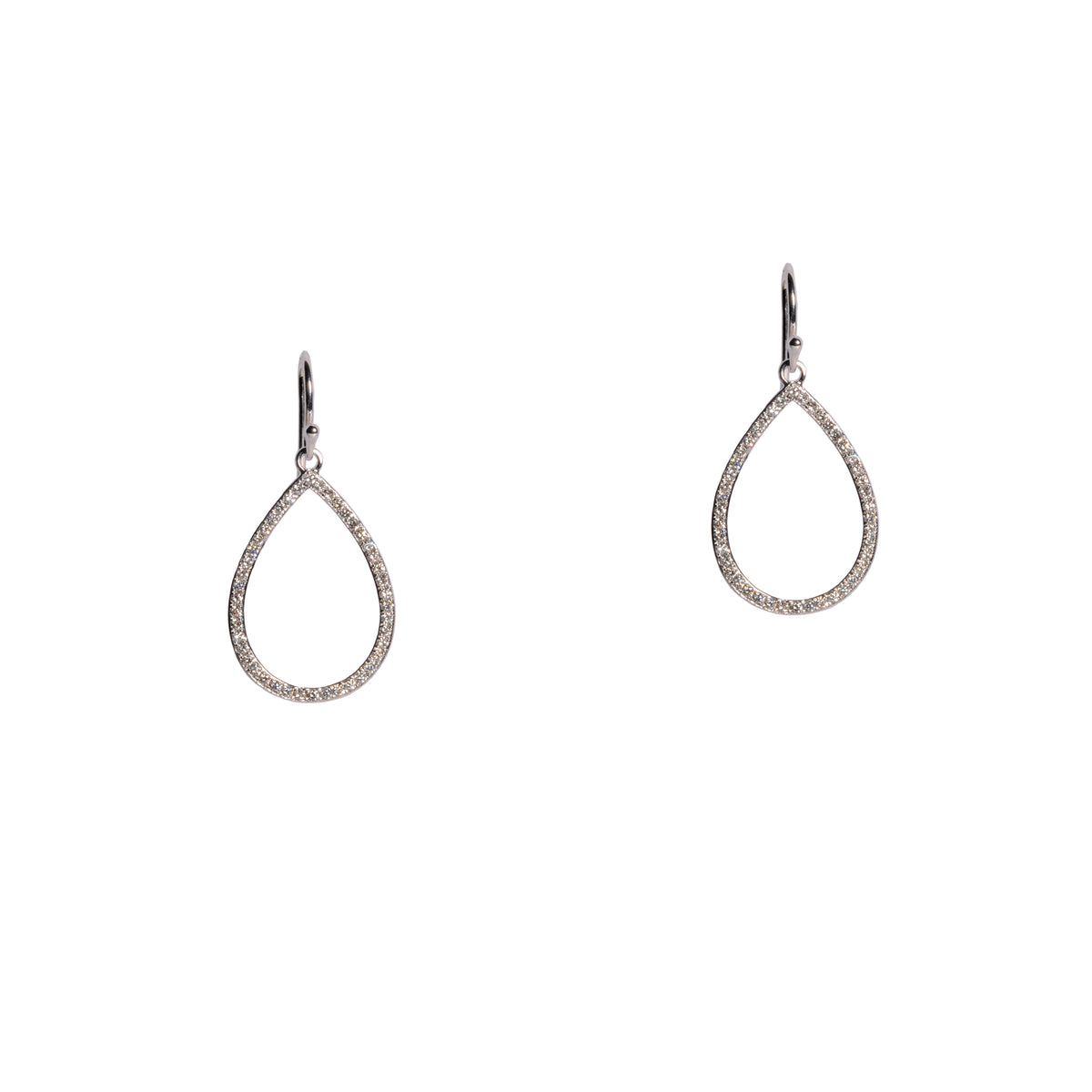 White Gold Small Diamond Teardrops: A pair of 14K gold diamond earrings with a small teardrop design