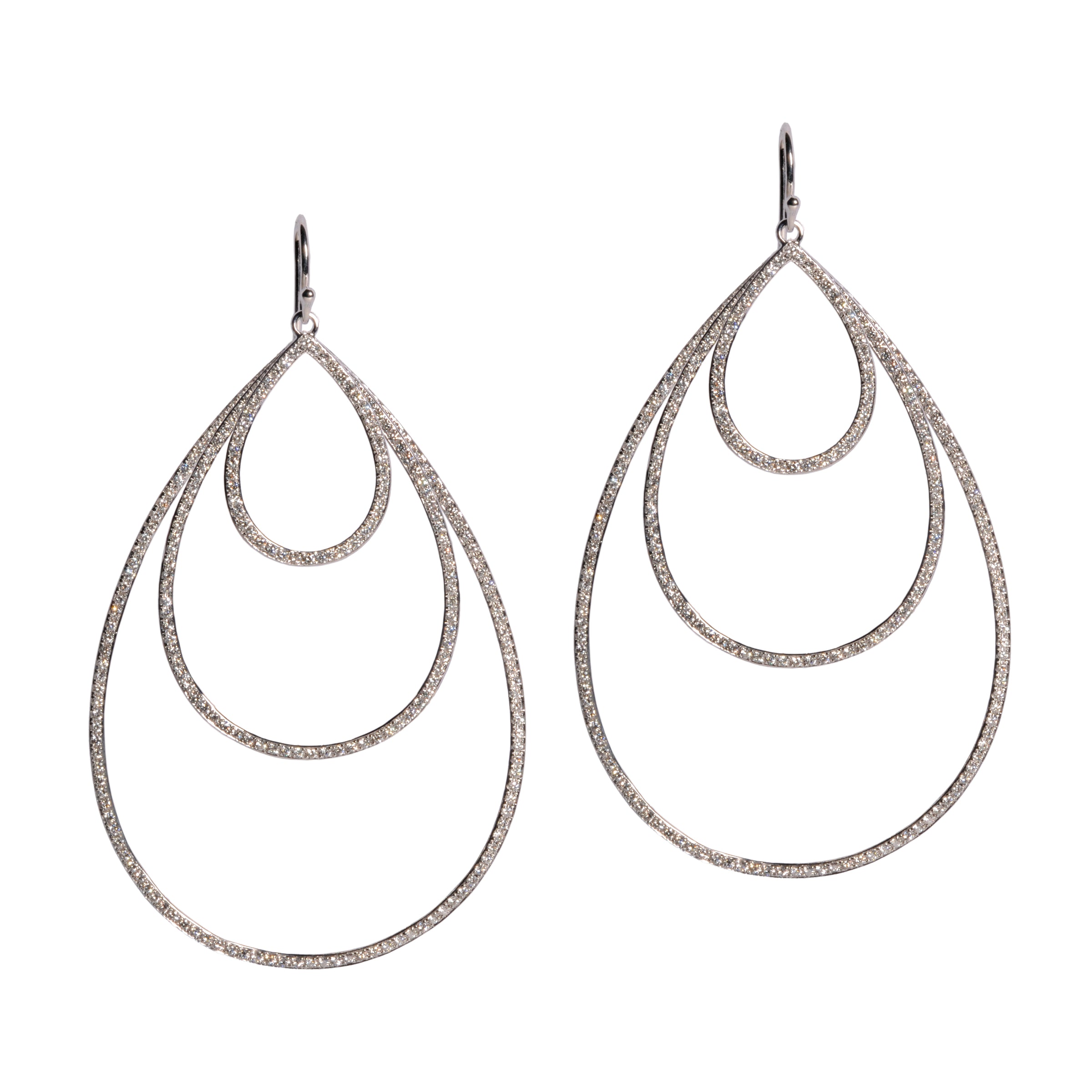 White Gold Small, Medium, & Large Diamond Teardrops: A pair of 14K gold diamond earrings that are a combination of three teardrop design earrings of different sizes, displayed against a white background.
