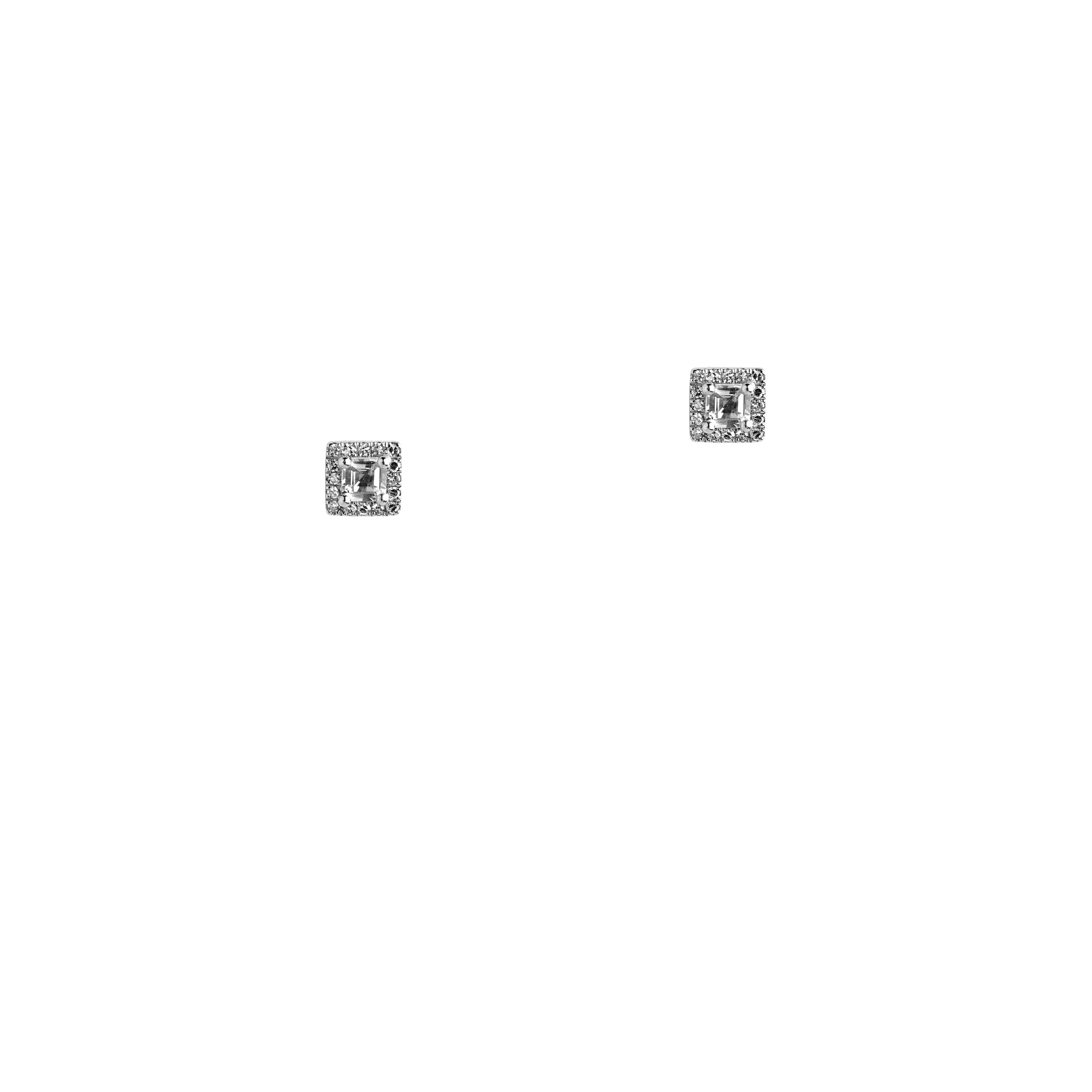 White Gold Square Studs: A pair of 14K gold square-shaped earrings, featuring a central white topaz and surrounding diamonds.