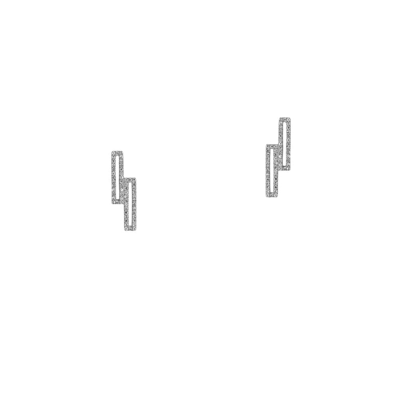 White Gold Staggered Open Bar Diamond Studs: a pair of 14K gold studs  that consist of two diamond-encrusted open bars 