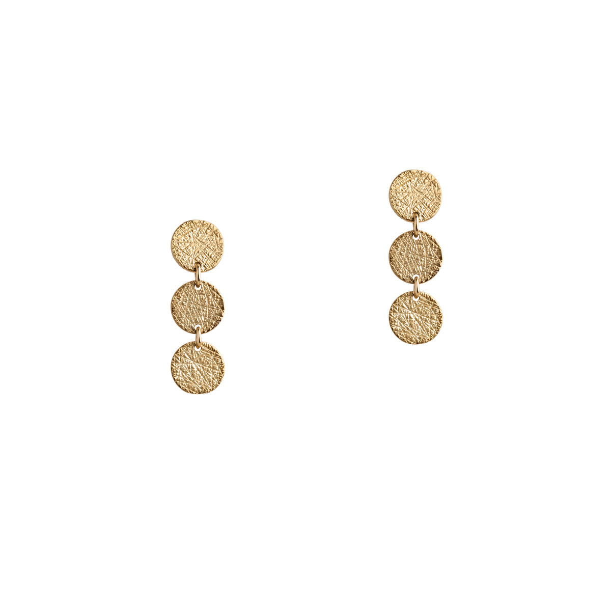 Yellow Gold 3-Dot Earrings: a pair of 14K gold earrings with three textured dots design