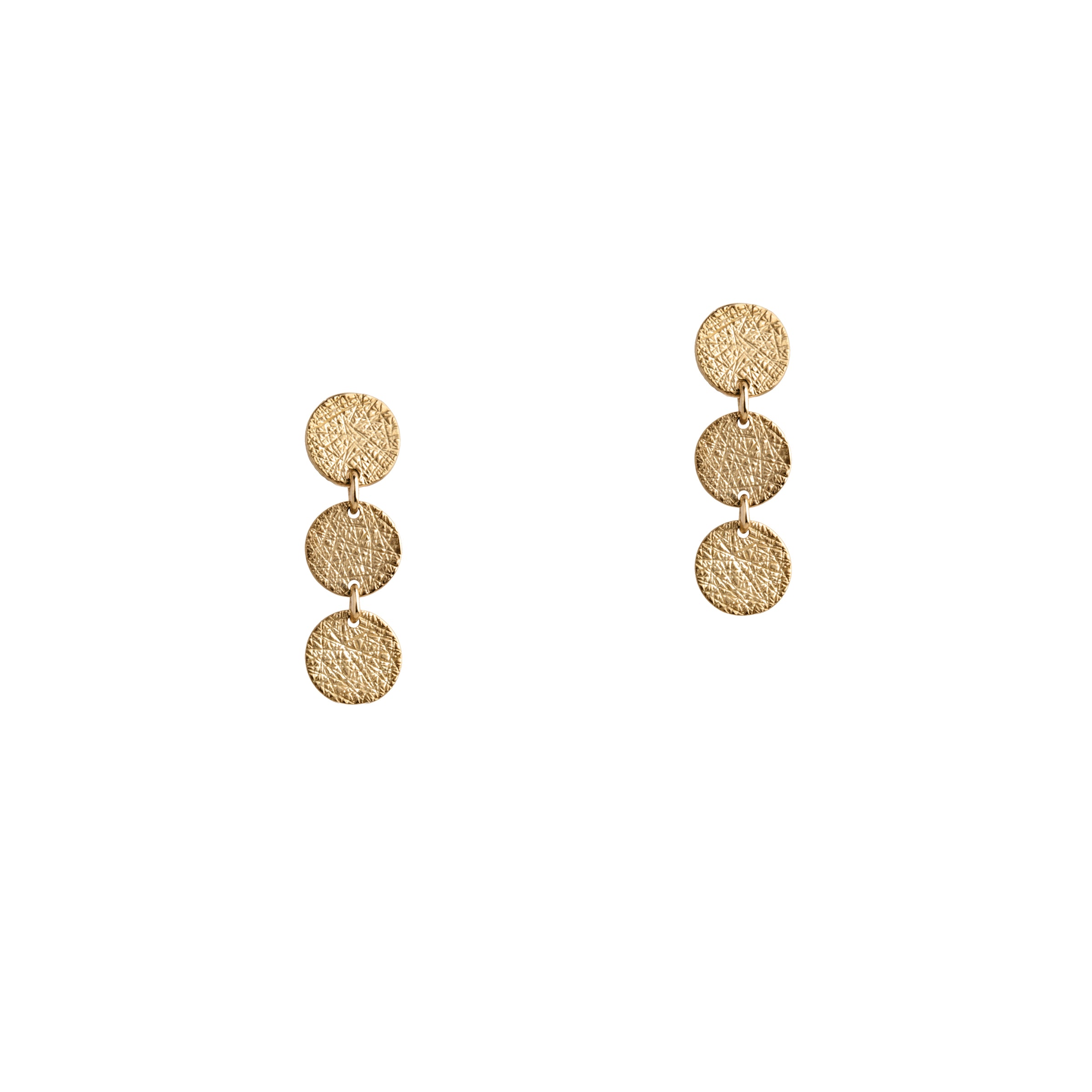 Yellow Gold 3-Dot Earrings: a pair of 14K gold earrings with three textured dots design