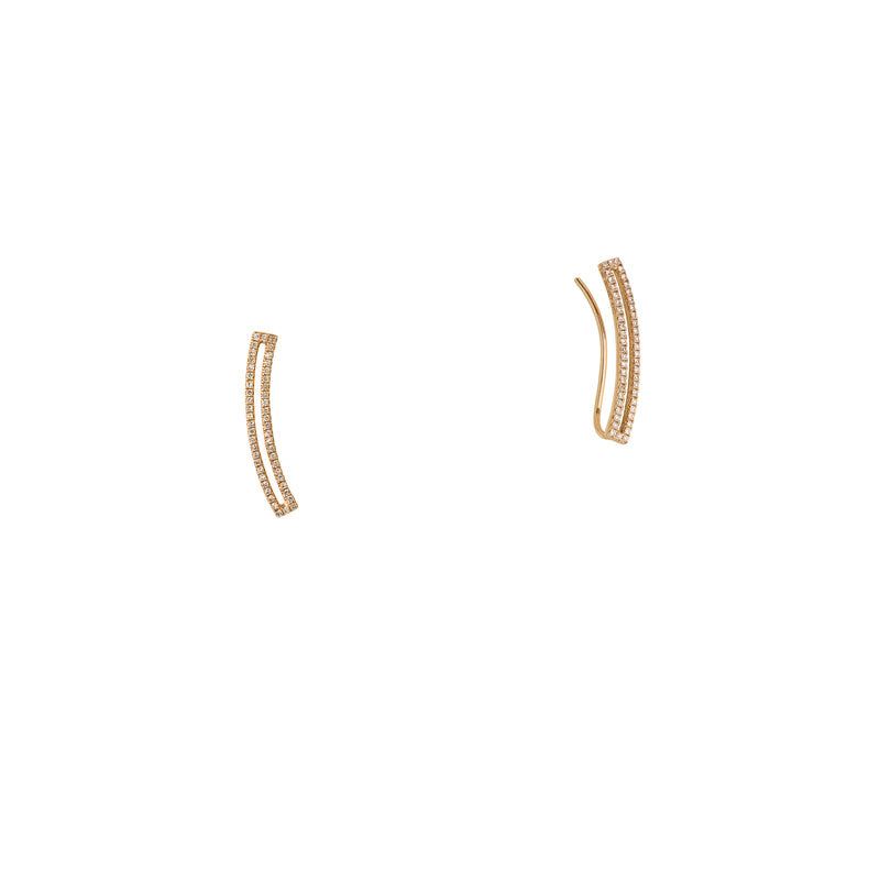 Yellow Gold Curved Open Bar Diamond Ear Crawlers: A pair of 14K gold diamond ear crawlers with a French wire back, displaying a pattern of alternating diamonds along the bar.