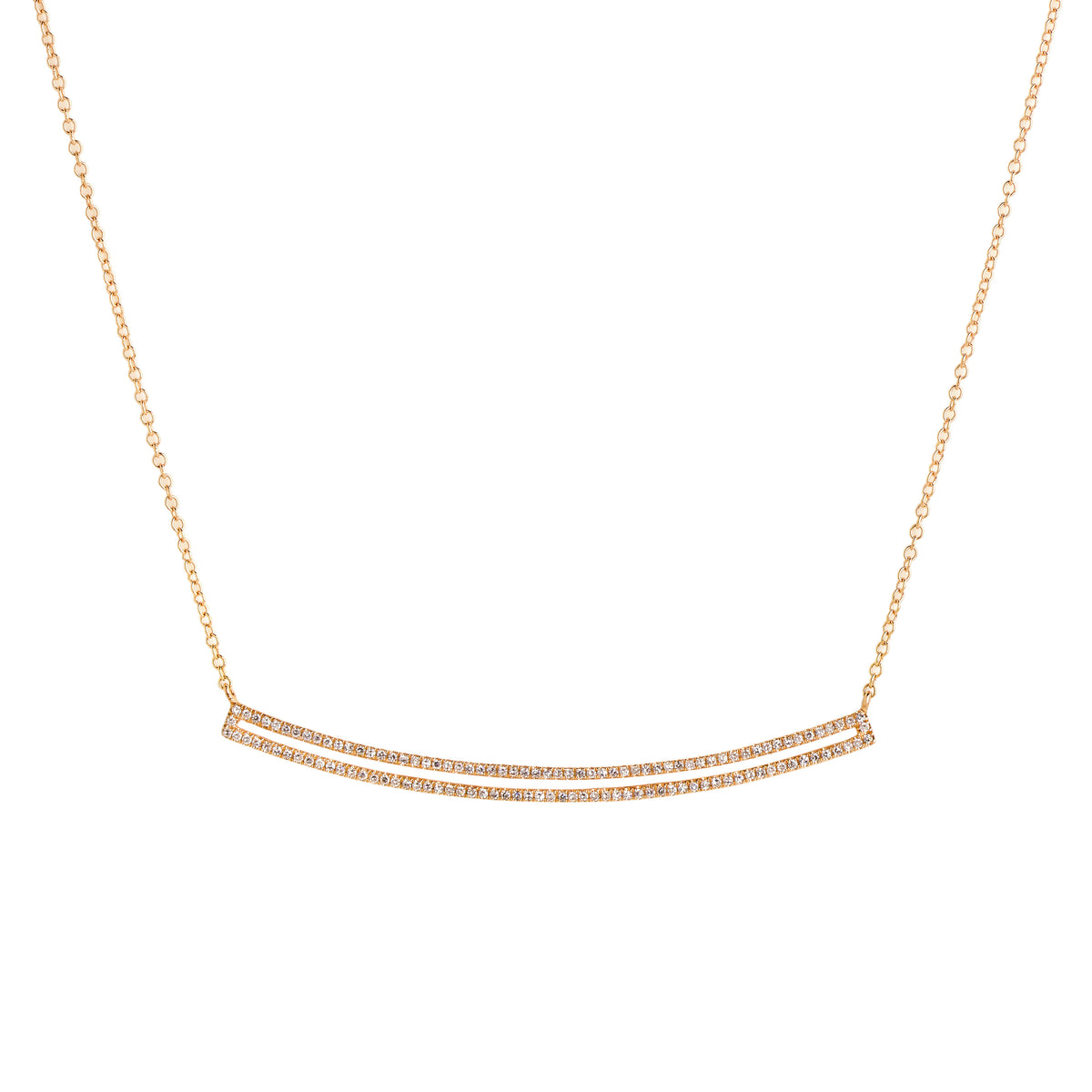 Yellow Gold Curved Open Bar Diamond Necklace: A 14K gold diamond necklace with a lobster clasp fastening, featuring a series of round diamonds along the bar.