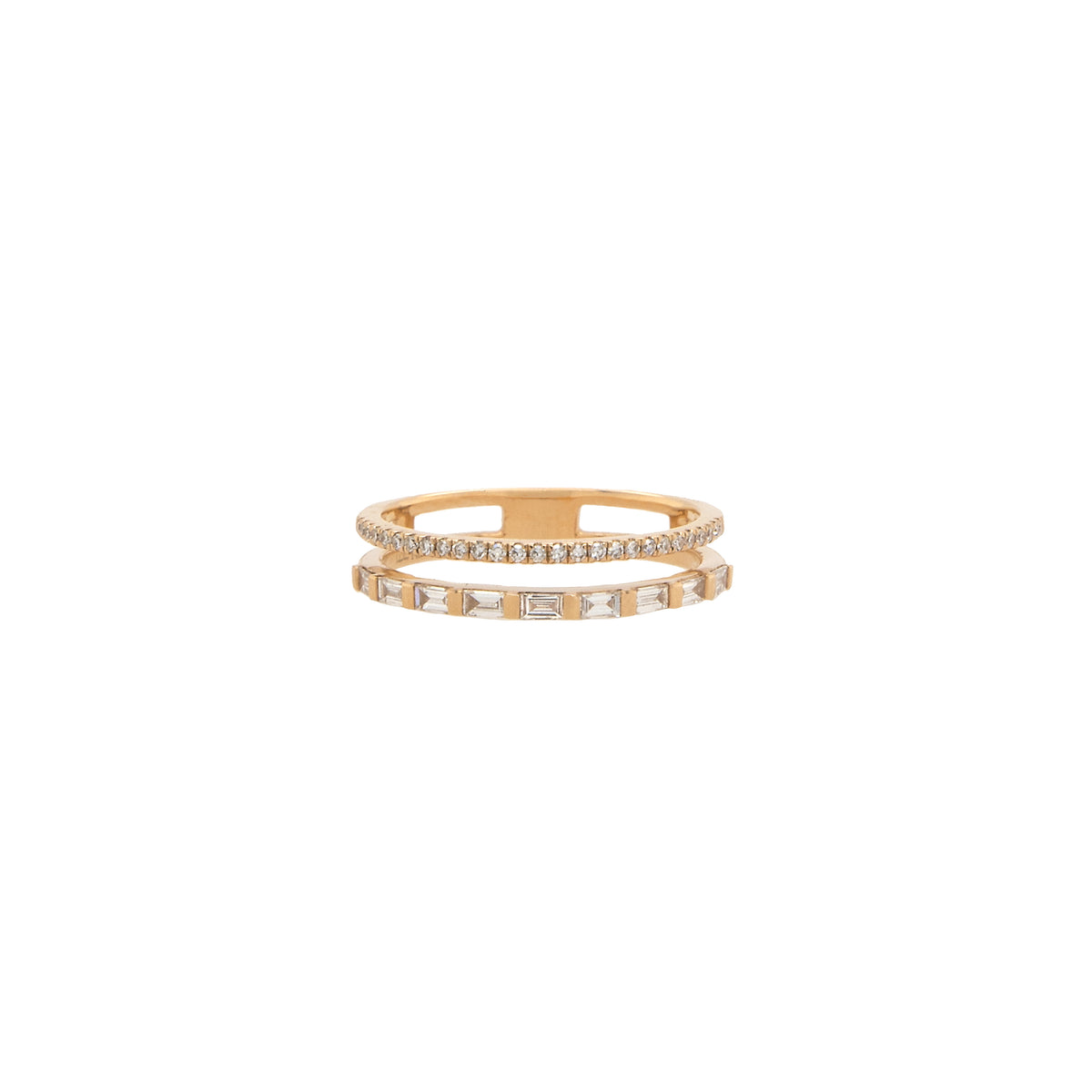 Yellow Gold Deco Ring: 14K Gold ring with a row of round diamonds and a row of baguette diamonds