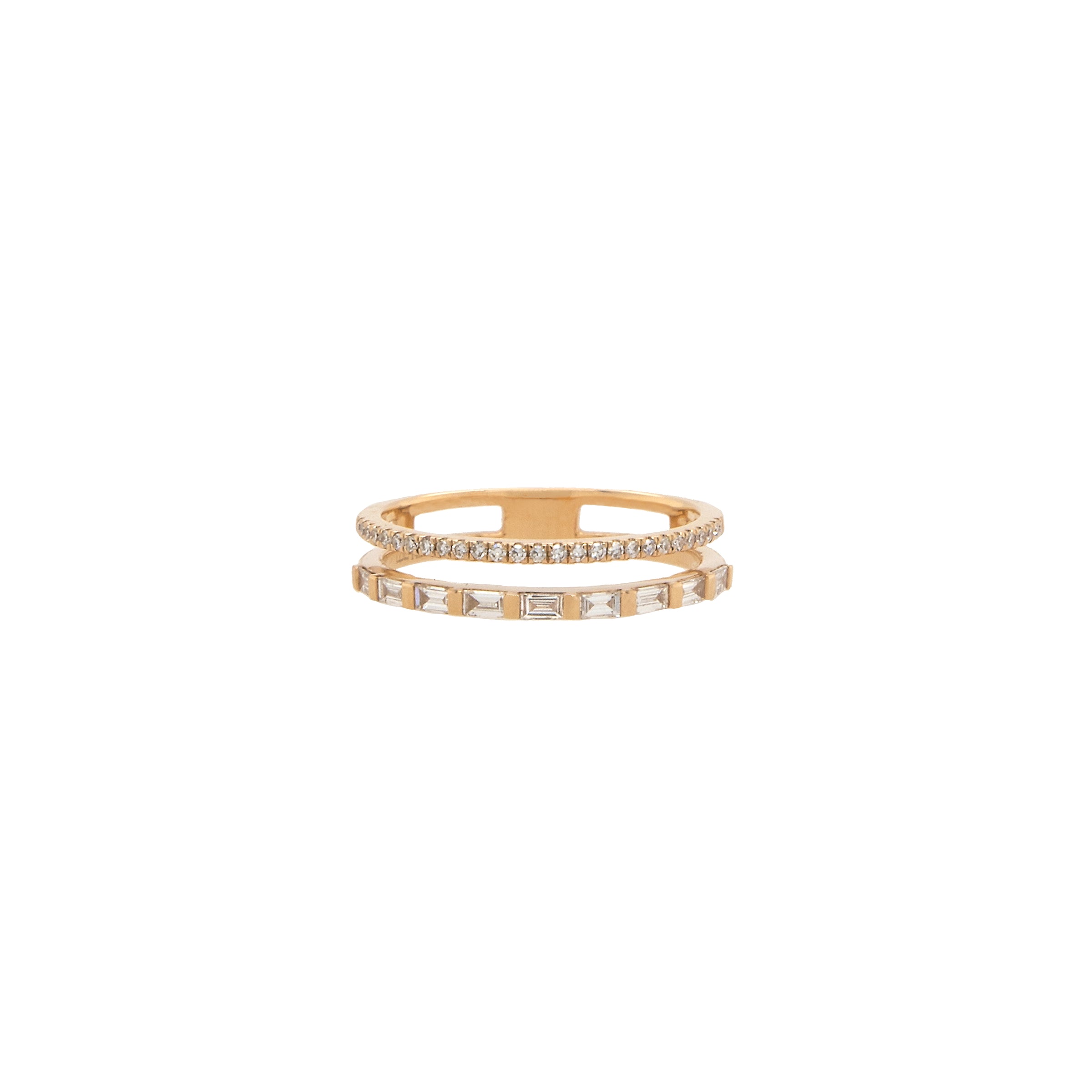 Yellow Gold Deco Ring: 14K Gold ring with a row of round diamonds and a row of baguette diamonds