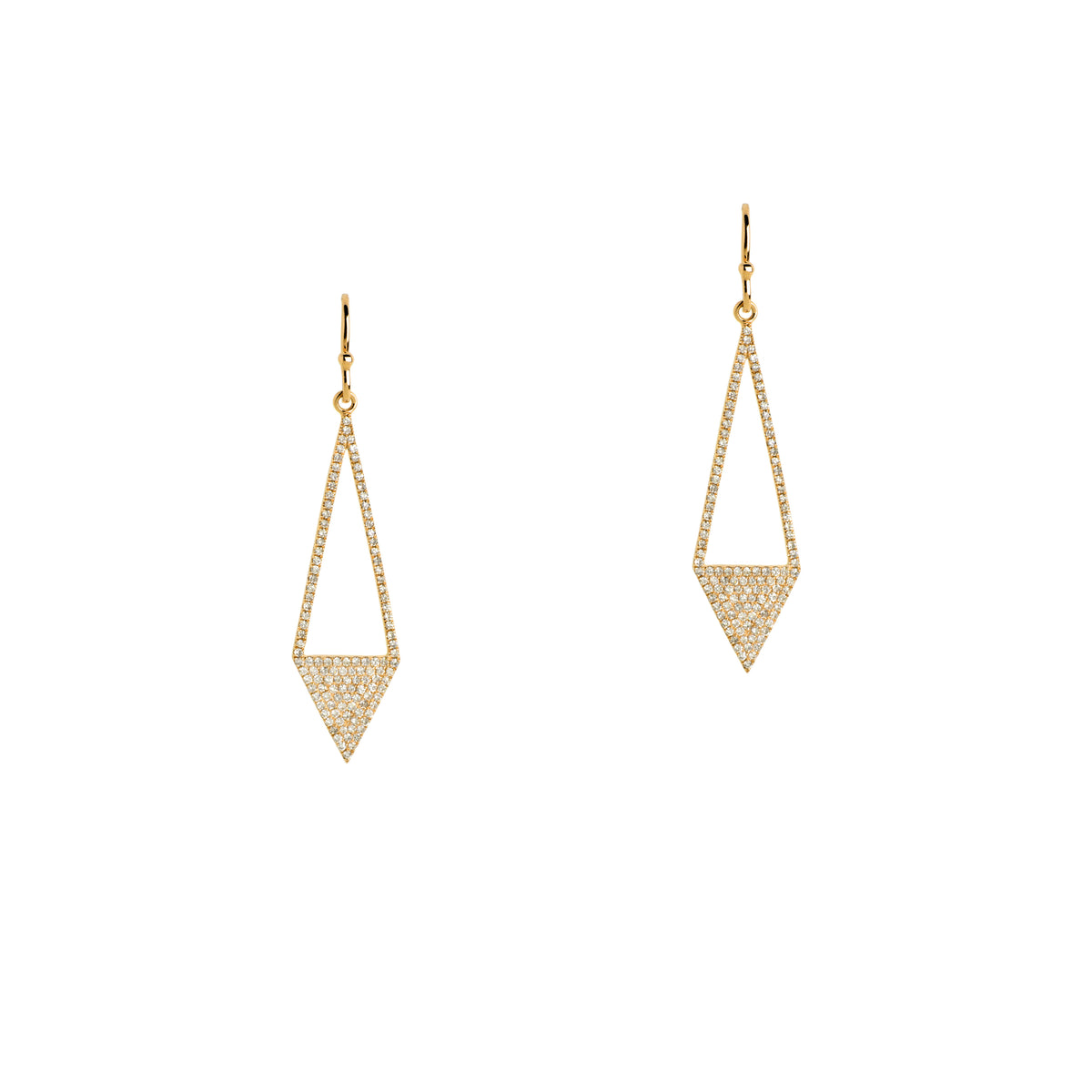 Yellow Gold Diamond Arrow Earrings: a pair of 14K gold diamond earrings in the shape of an upside-down arrow 