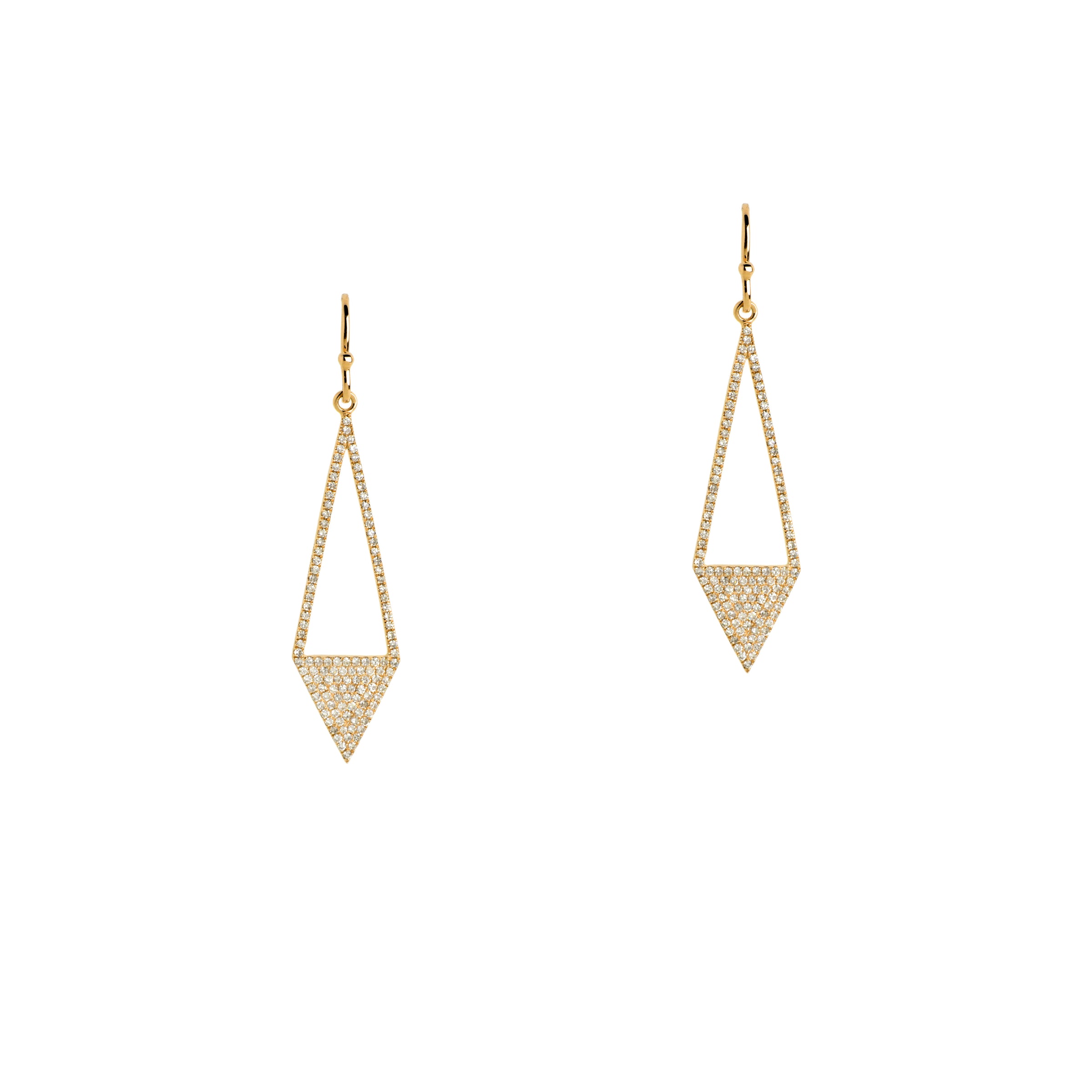 Yellow Gold Diamond Arrow Earrings: a pair of 14K gold diamond earrings in the shape of an upside-down arrow 