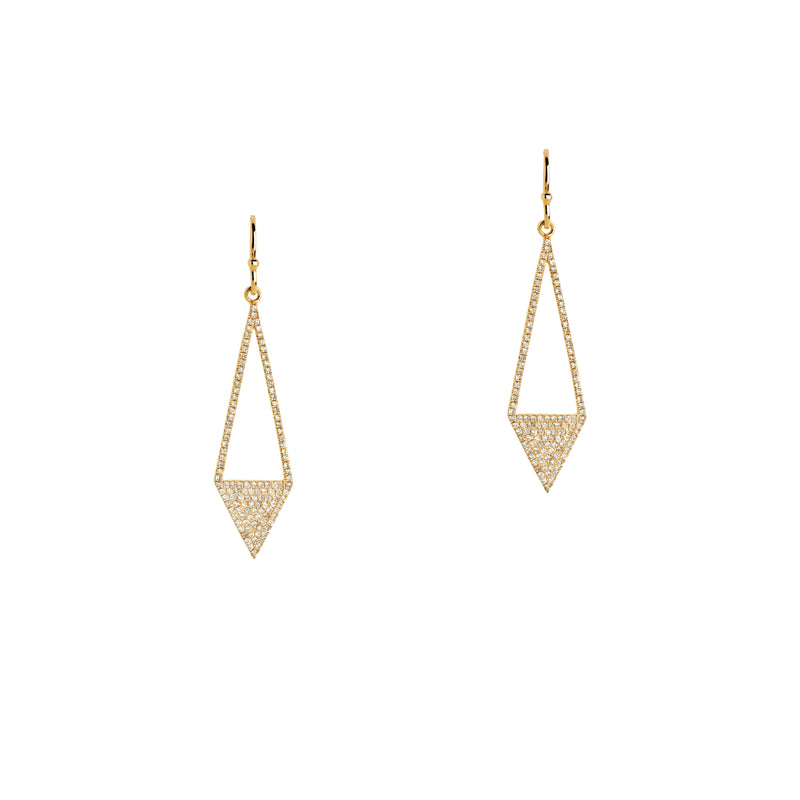Yellow Gold Diamond Arrow Earrings: a pair of 14K gold diamond earrings in the shape of an upside-down arrow 