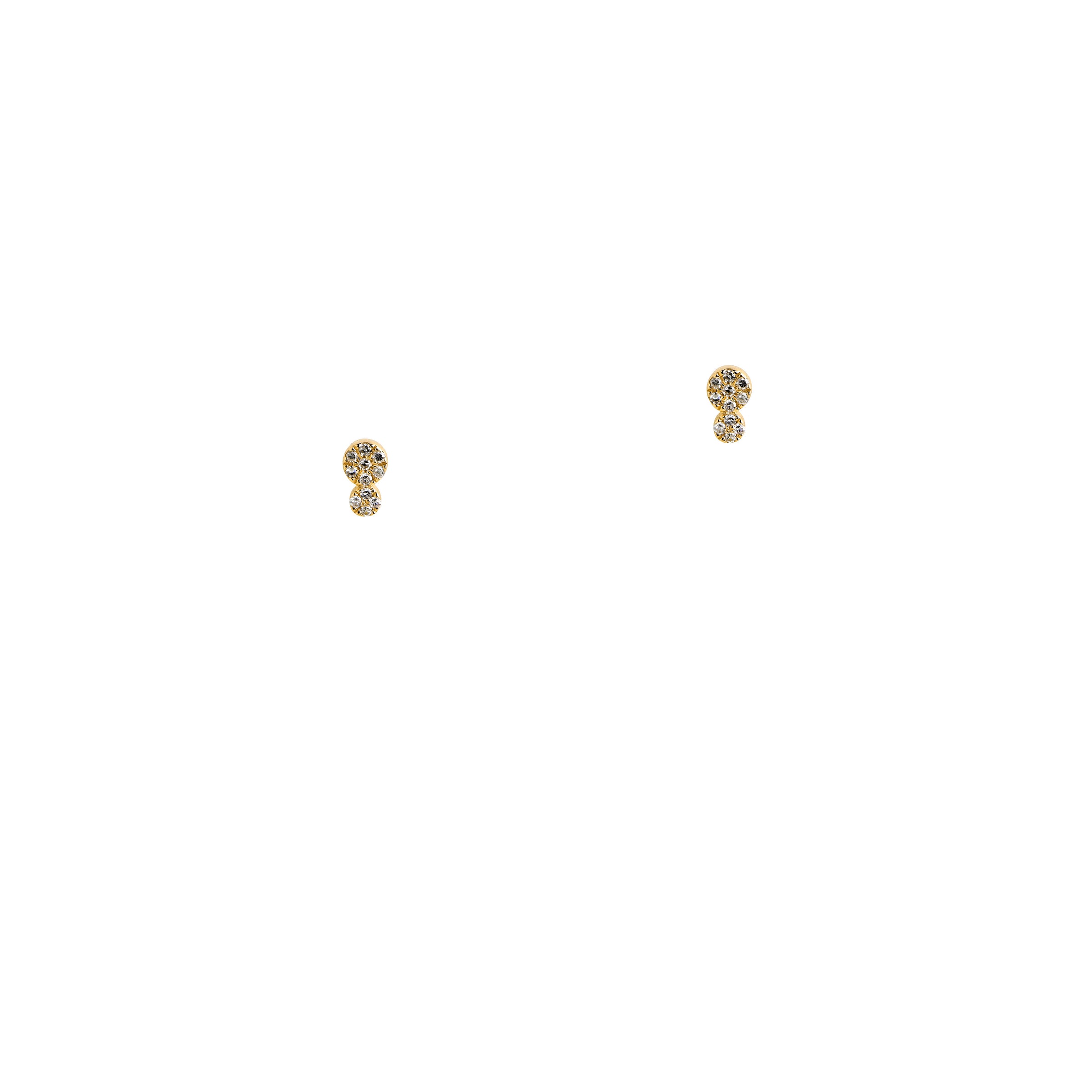Yellow Gold Diamond Double Dot Studs: A pair of 14K gold diamond stud earrings with a post and butterfly back fastening.