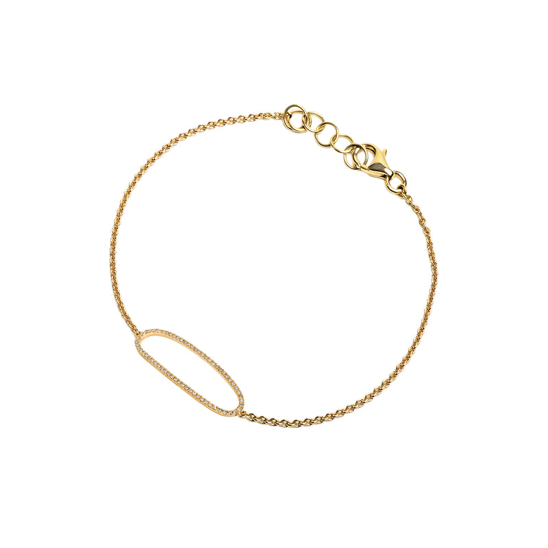 Yellow Gold Diamond Oval Bracelet: A 14K gold diamond oval bracelet with a lobster clasp fastening.