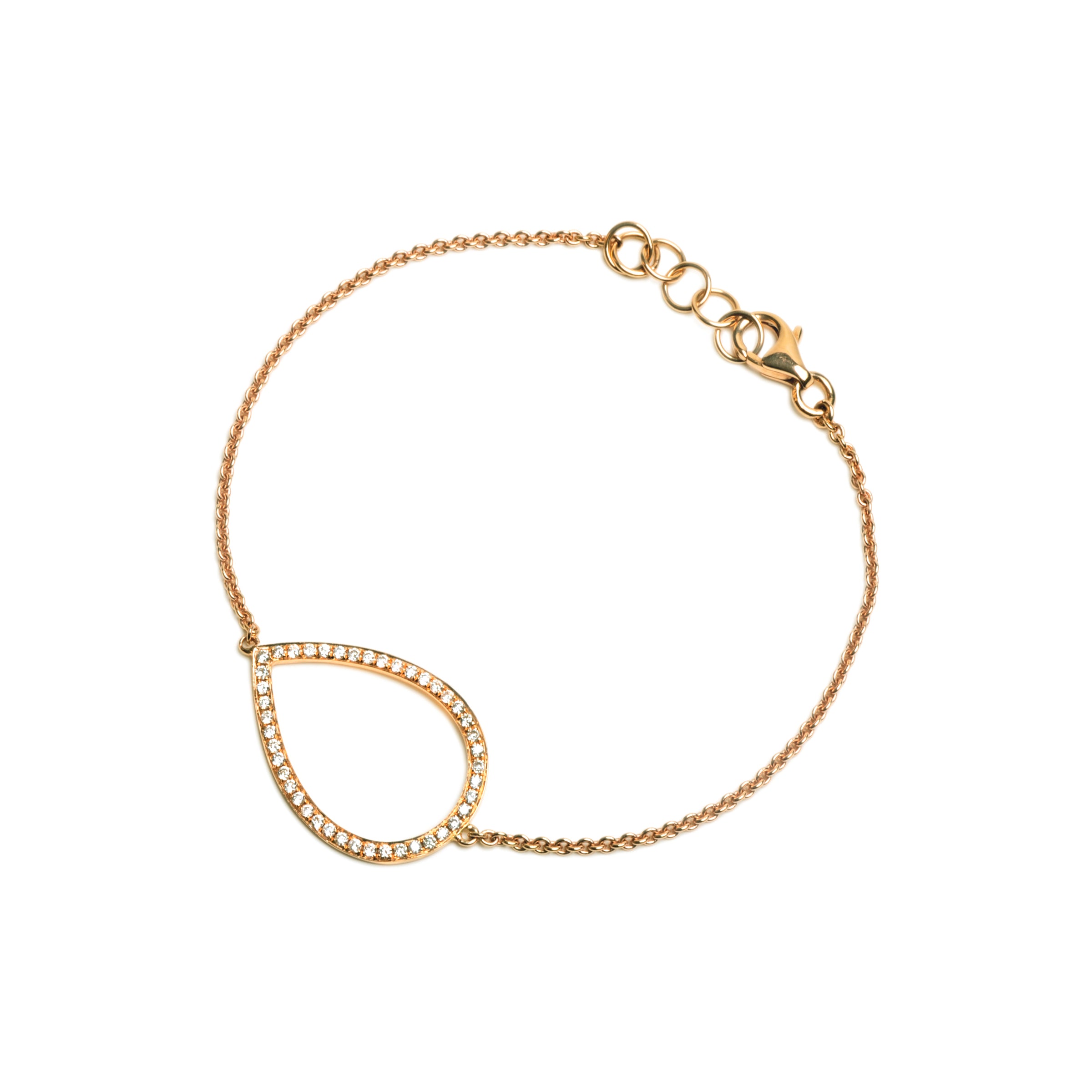 Yellow Gold Diamond Teardrop Bracelet: A 14K gold bracelet with a teardrop-shaped diamond pattern, featuring a lobster clasp fastening.