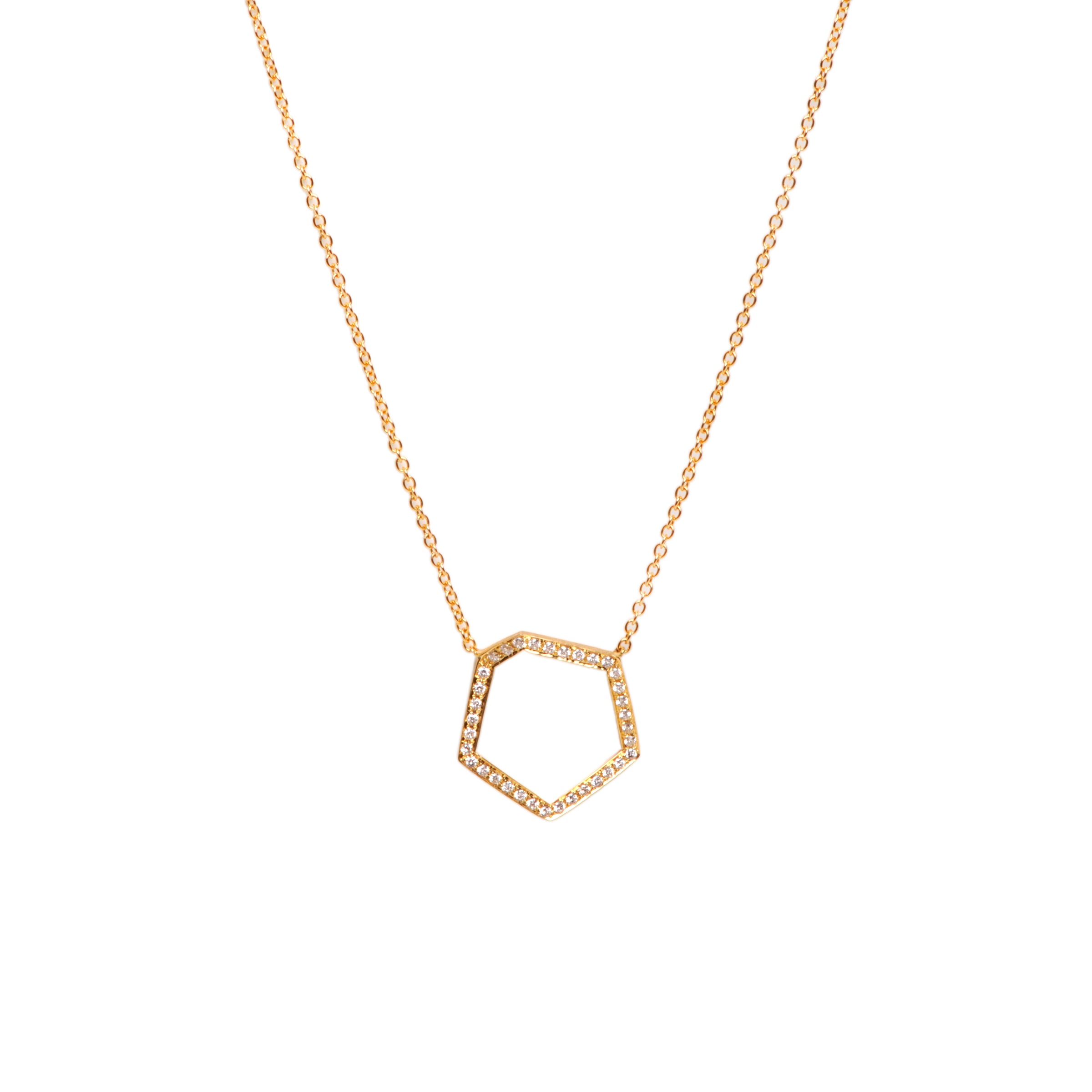 Yellow Gold Hexagon Diamond Necklace: 14K gold necklace with a hexagon-shaped pendant 