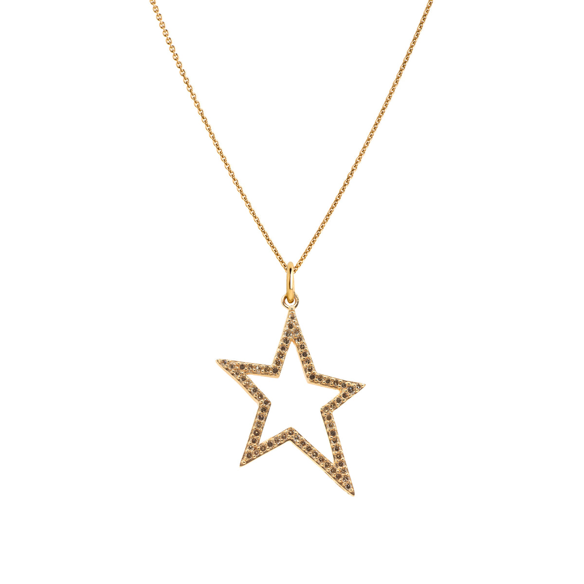 Yellow Gold Hollow Diamond Star Necklace: a 14K gold pendant in a hollow star shape design with diamonds on a chain