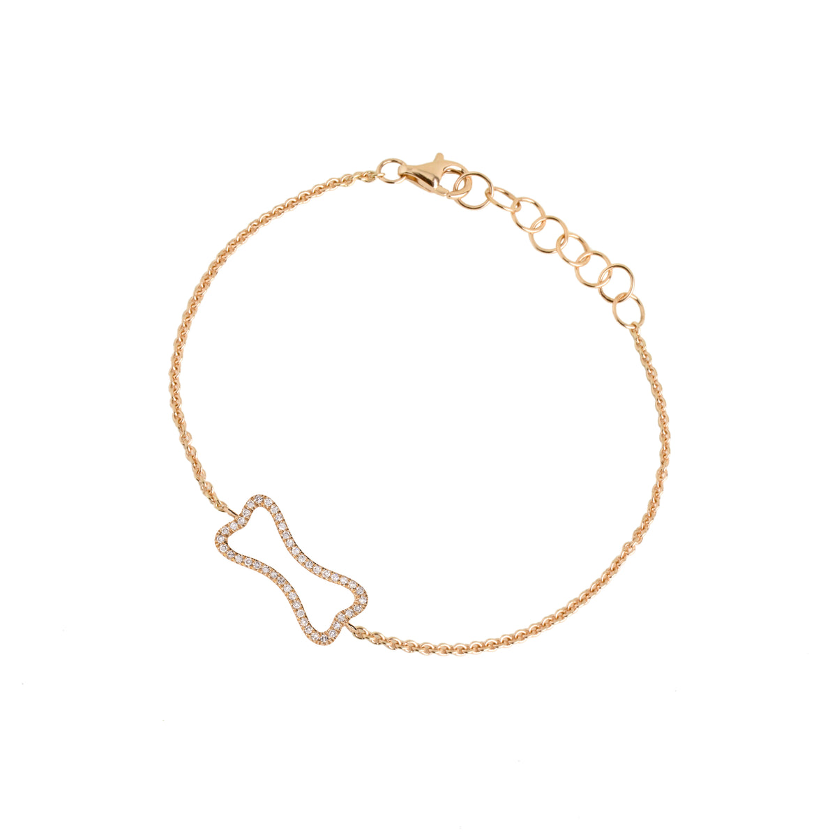 Yellow Gold Hollow Mini Diamond Dog Bone Bracelet: A gold bracelet with a hollow diamond dog bone design in the center, featuring a lobster clasp closure.