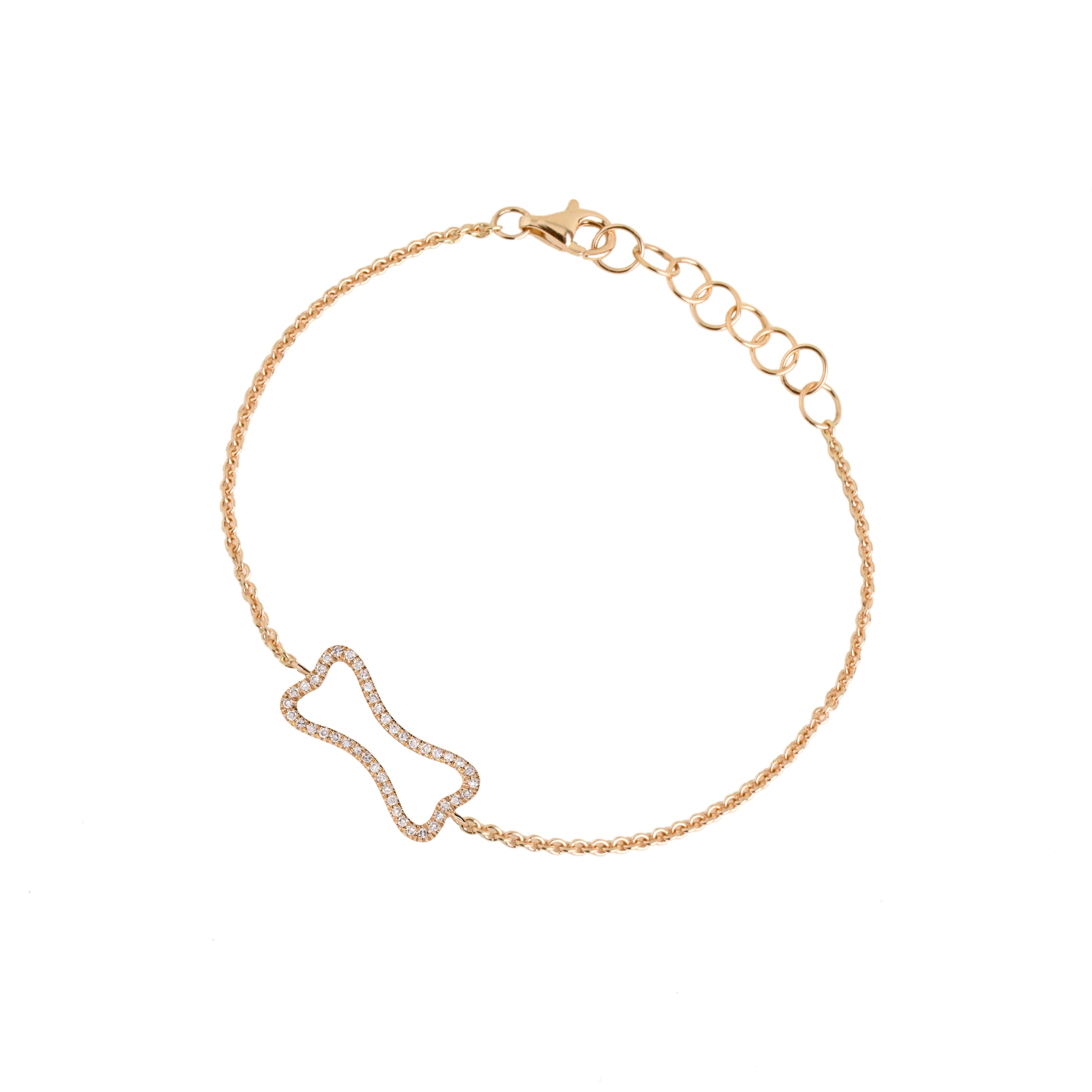 Yellow Gold Hollow Mini Diamond Dog Bone Bracelet: A gold bracelet with a hollow diamond dog bone design in the center, featuring a lobster clasp closure.