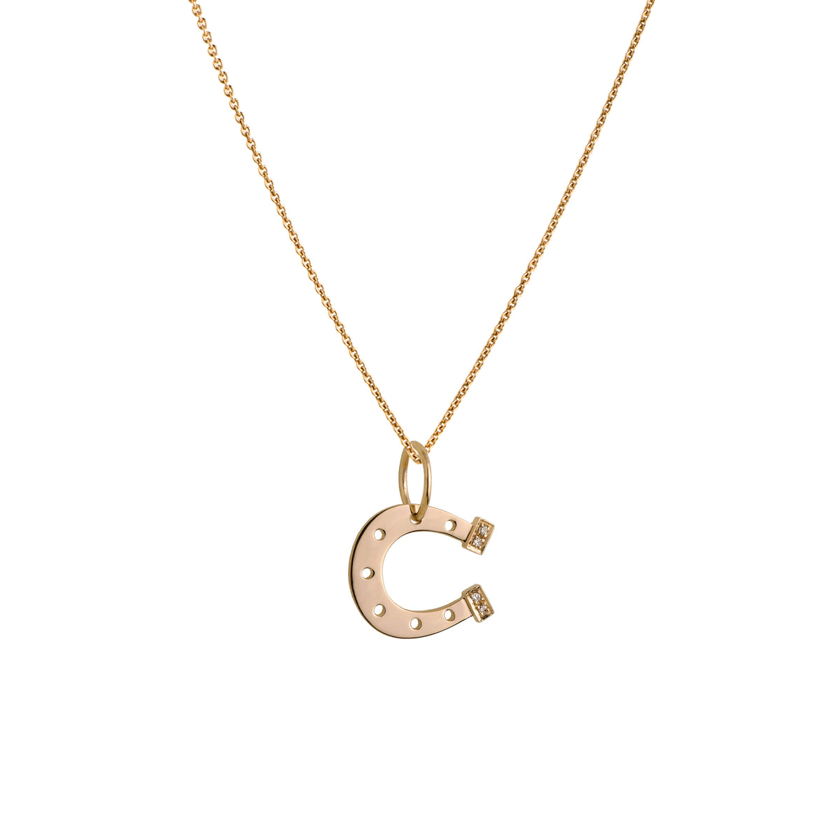 Yellow Gold Horseshoe Necklace: A 14K gold horseshoe-shaped pendant with small diamond heels on a chain.