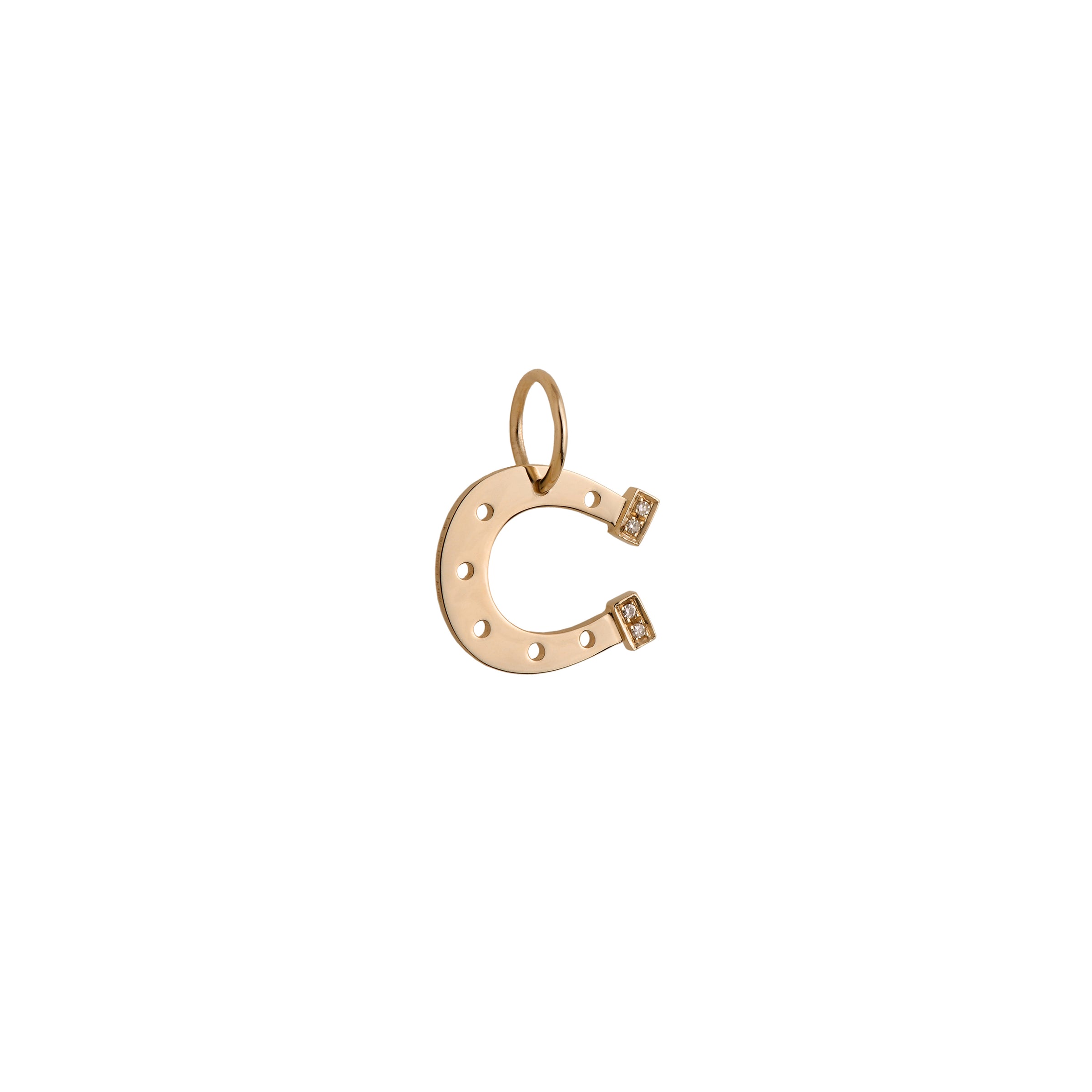 Yellow Gold Horseshoe Pendant: A 14K gold horseshoe-shaped pendant with small diamond heels.