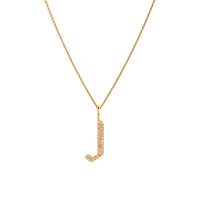 Yellow Gold "J" Small White Diamond Alphabet Necklace: A 14K gold diamond alphabet pendant with the letter 'J' with a chain