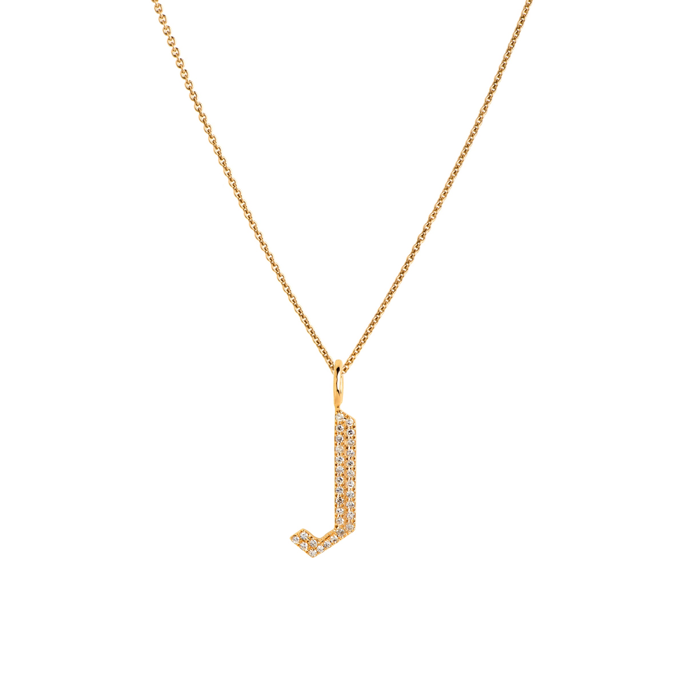 Yellow Gold "J" Small White Diamond Alphabet Necklace: A 14K gold diamond alphabet pendant with the letter 'J' with a chain
