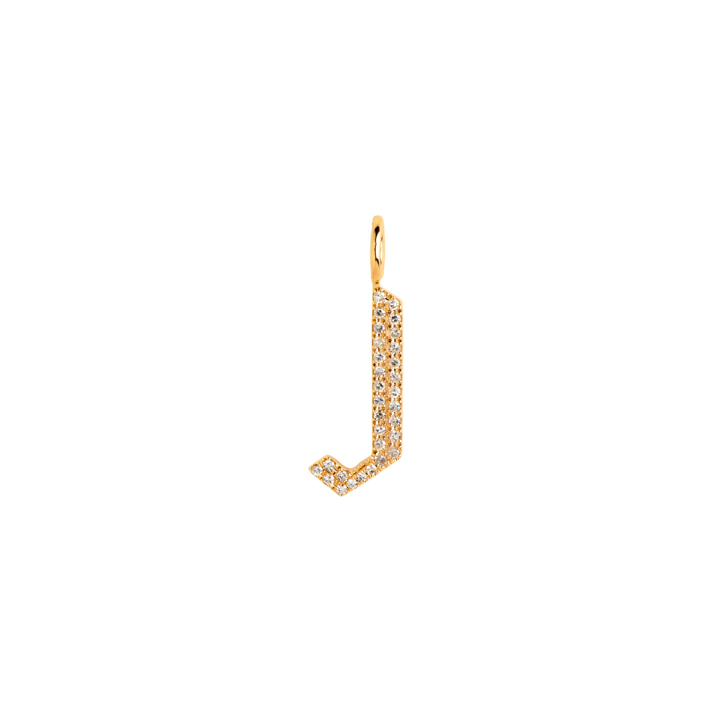 Yellow Gold "J" Small White Diamond Alphabet Pendant: A 14K gold diamond alphabet pendant with the letter 'J' 
