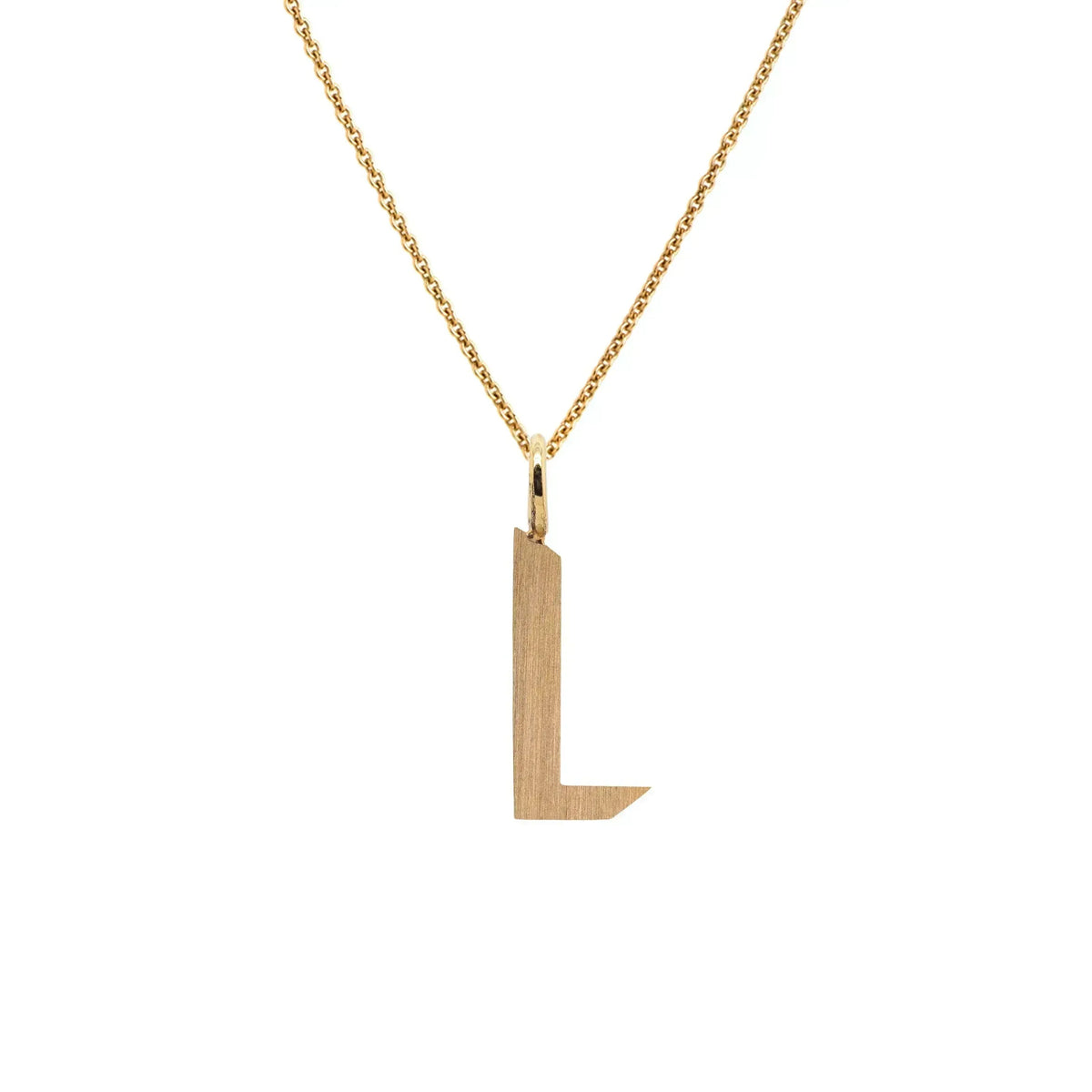Yellow Gold "L" Small Alphabet Necklace: A 14K gold alphabet pendant with the letter 'L' with a chain