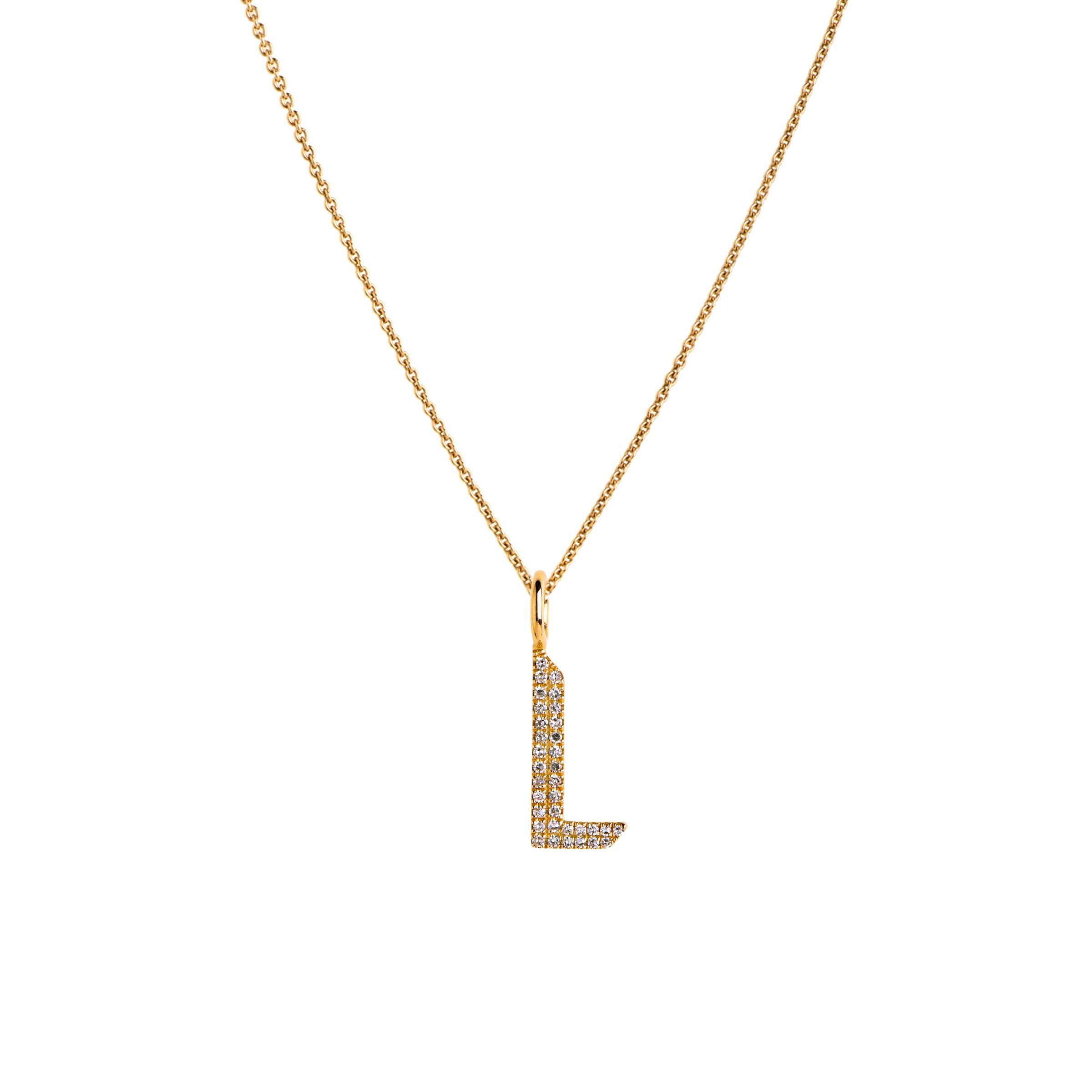 Yellow Gold "L" Small White Diamond Alphabet Necklace: A 14K gold diamond alphabet pendant with the letter 'L' with a chain
