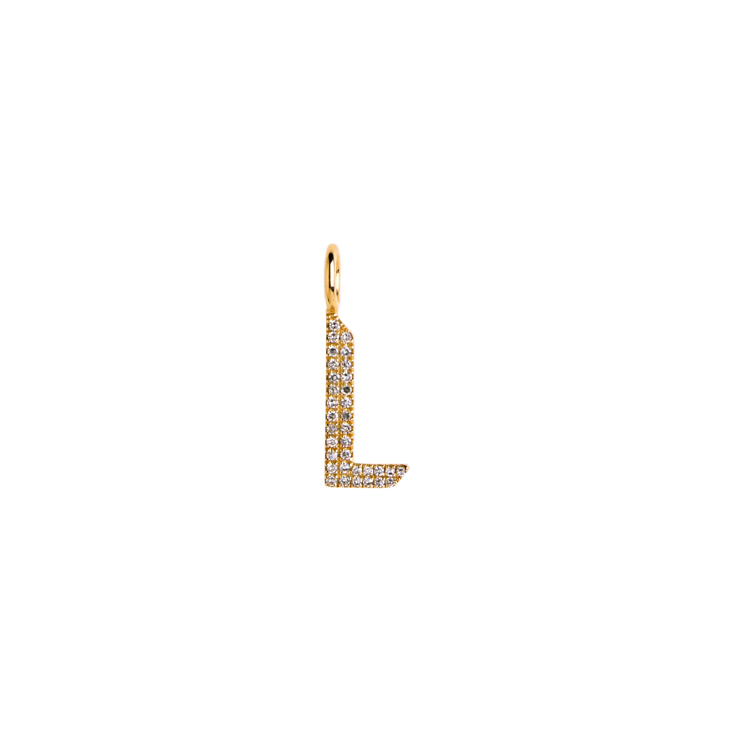 Yellow Gold "L" Small White Diamond Alphabet Pendant: A 14K gold diamond alphabet pendant with the letter 'L' 