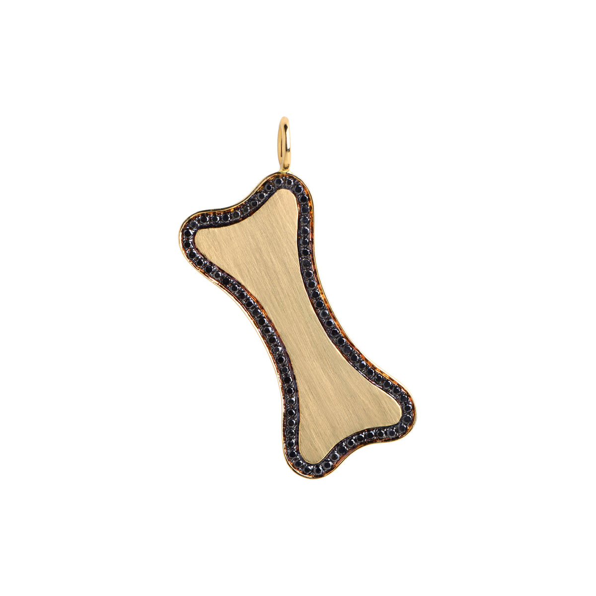 Yellow Gold Large Black Diamond Dog Bone Pendant: A large 14K gold engravable dog bone pendant surrounded by black diamonds