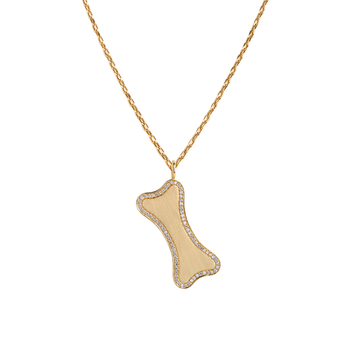 Yellow Gold Large Diamond Dog Bone Necklace: A large 14K gold engravable dog bone pendant surrounded by diamonds on a chain.