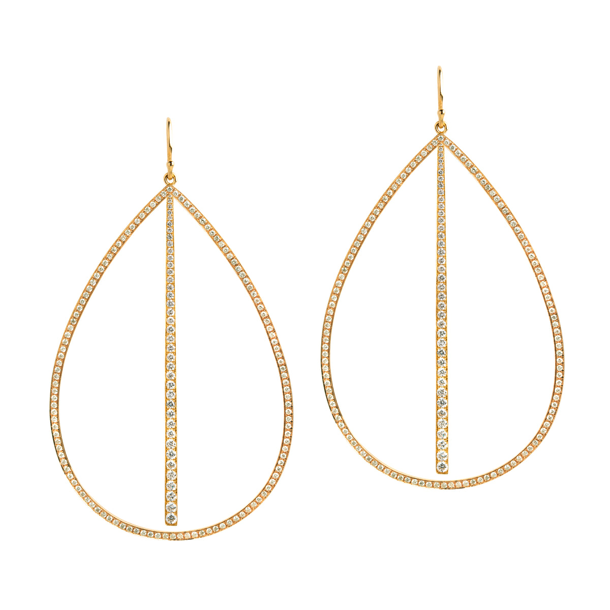 Yellow Gold Large Diamond Teardrop & Diamond Stick Earrings: A pair of 14K gold diamond earrings that are a combination of two earrings, one in a teardrop design and another with a stick design, displayed against a white background.