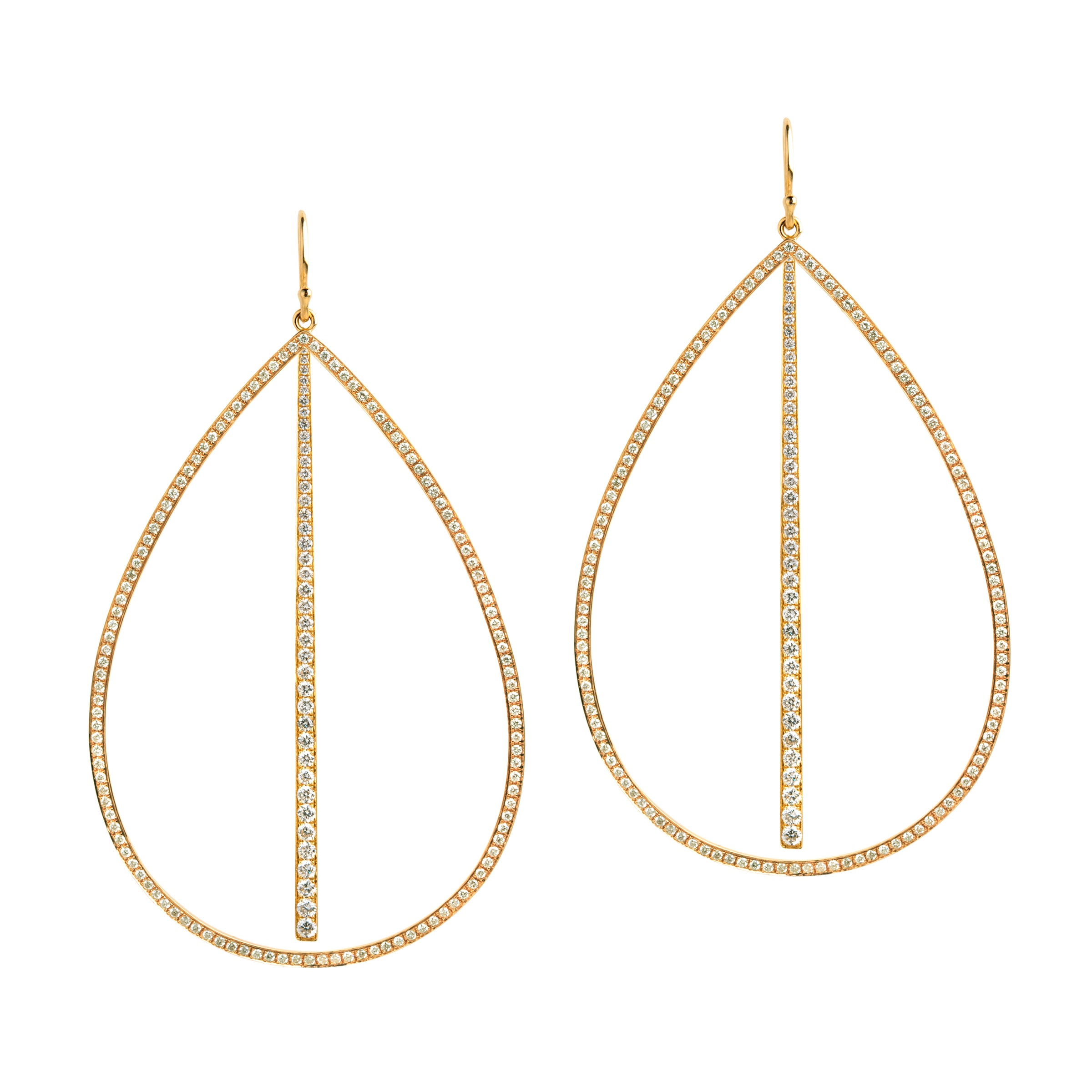 Yellow Gold Large Diamond Teardrop & Diamond Stick Earrings: A pair of 14K gold diamond earrings that are a combination of two earrings, one in a teardrop design and another with a stick design, displayed against a white background.