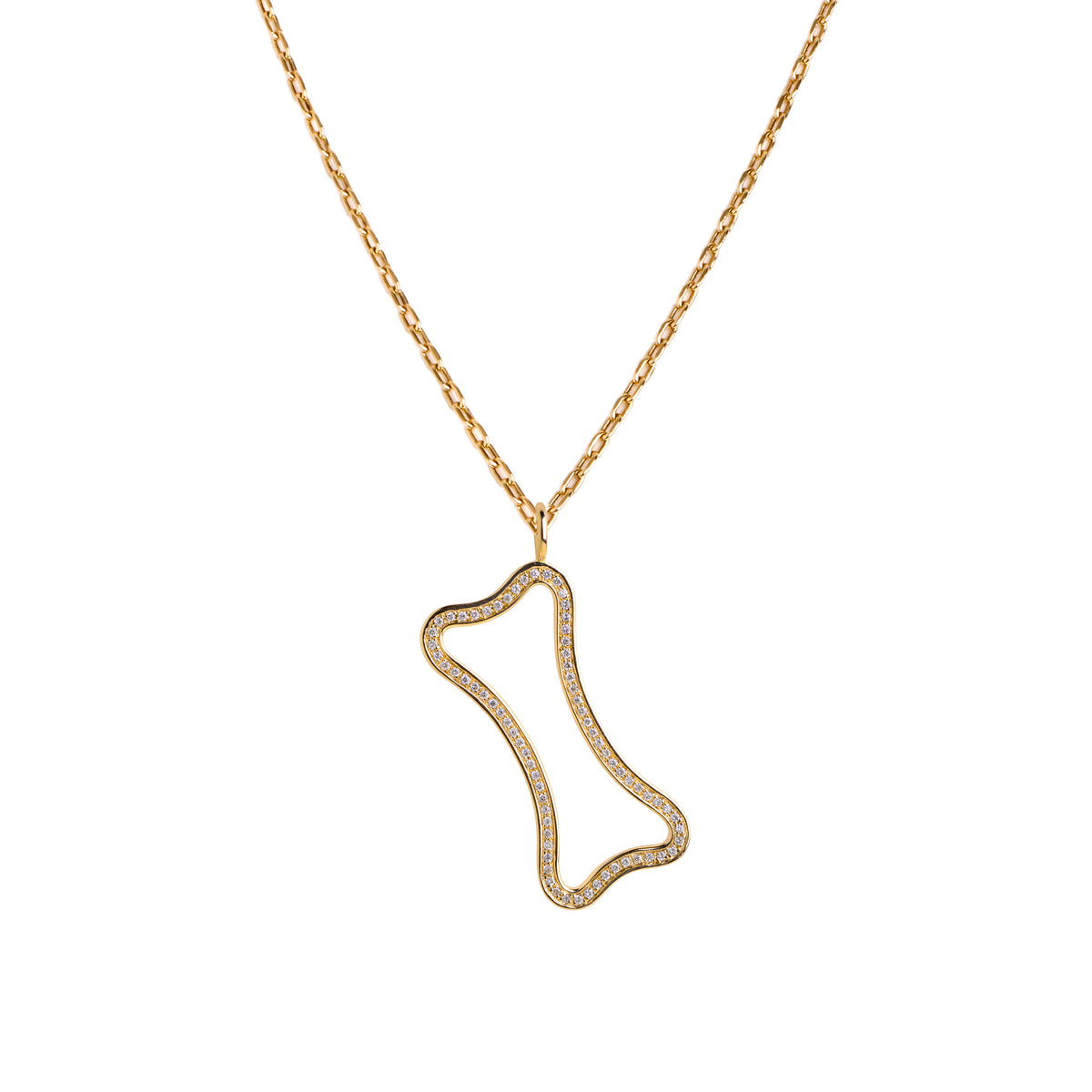 Yellow Gold Large Hollow Diamond Dog Bone Necklace: A large 14K gold hollow dog bone pendant with diamonds on a chain.