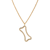 Yellow Gold Large Hollow Diamond Dog Bone Necklace: A large 14K gold hollow dog bone pendant with diamonds on a chain.