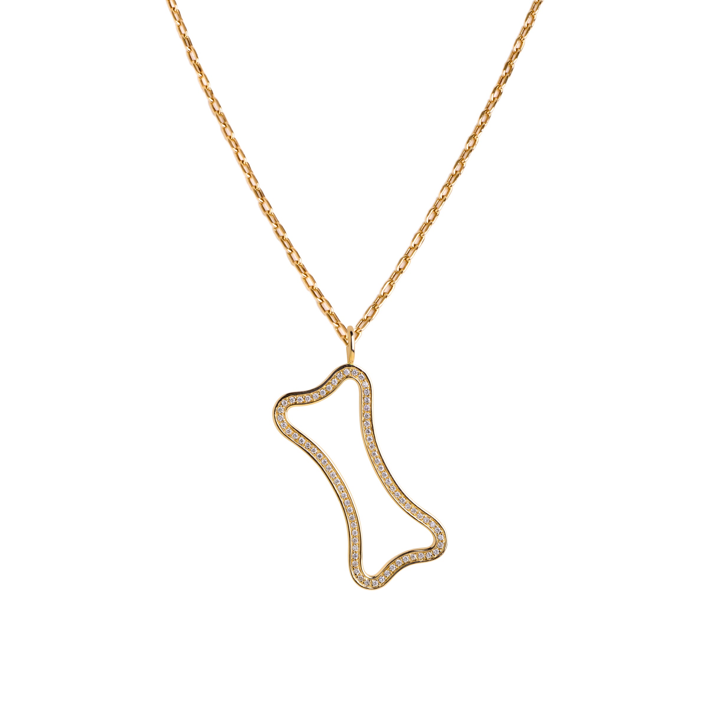 Yellow Gold Large Hollow Diamond Dog Bone Necklace: A large 14K gold hollow dog bone pendant with diamonds on a chain.